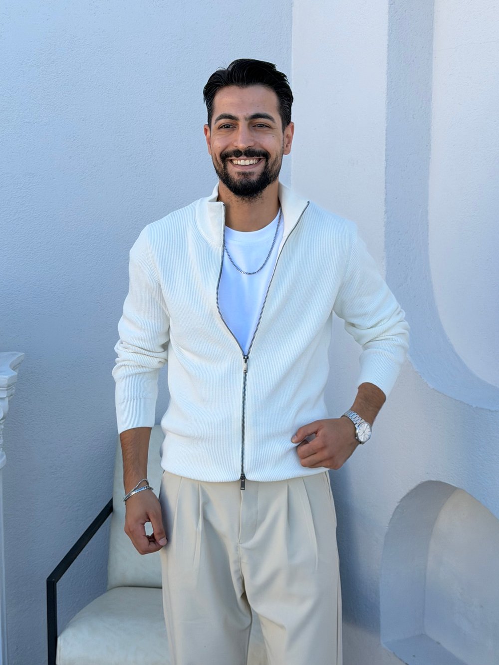 Selanik Çelik Örgü Çift Fermuar Hırka Beyaz