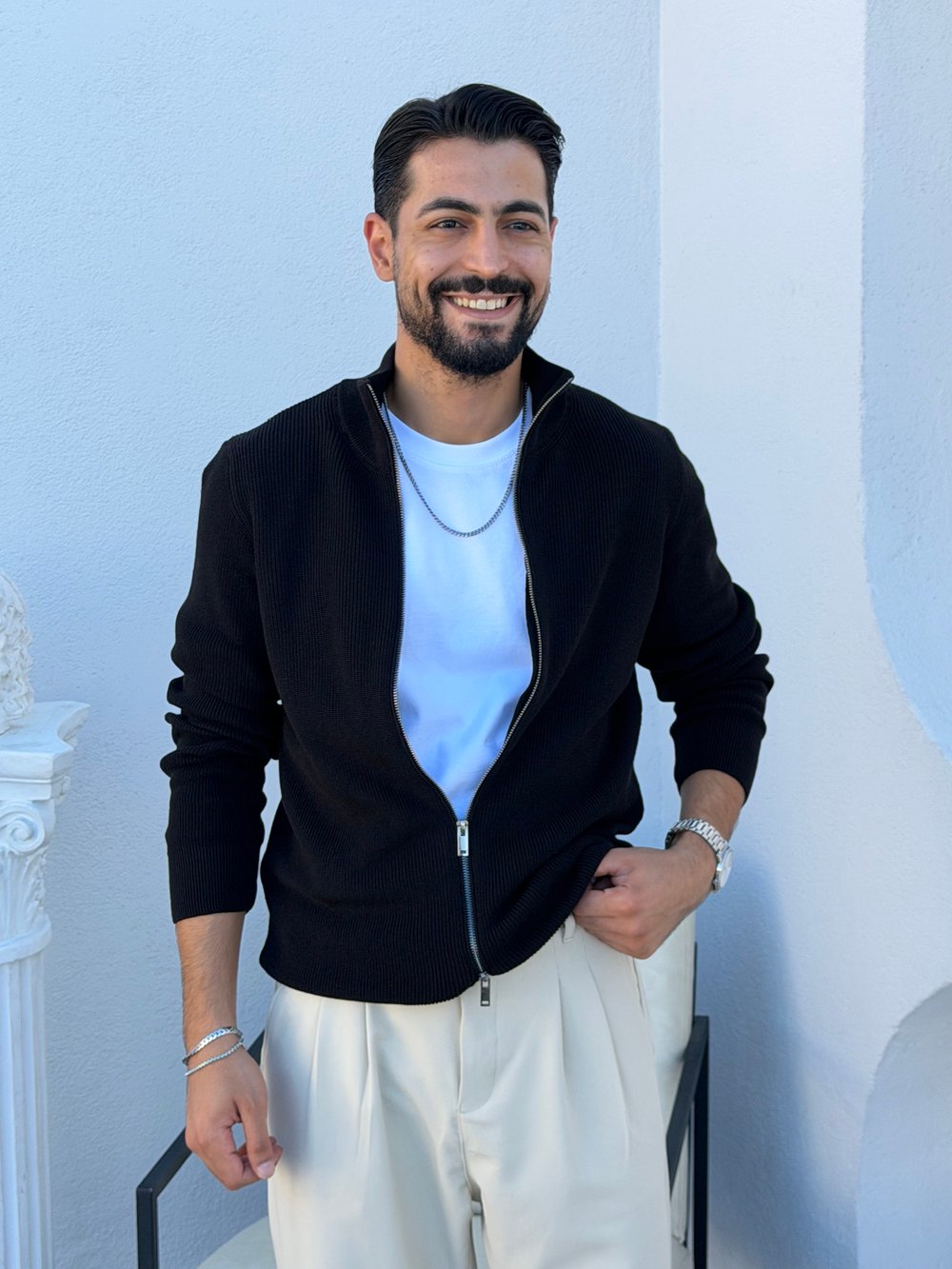 Selanik Çelik Örgü Çift Fermuar Hırka Siyah