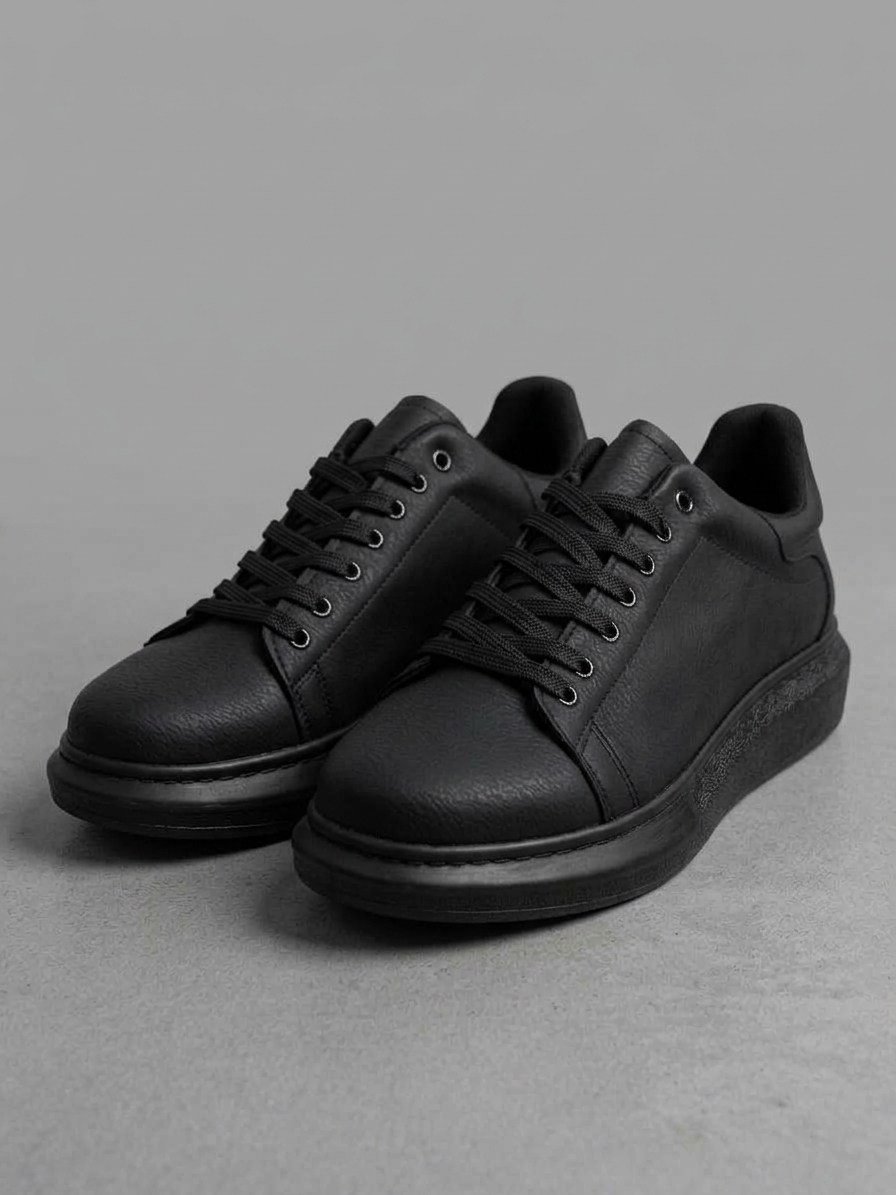 Siyah Doku Deri Kalın Taban Erkek Sneaker