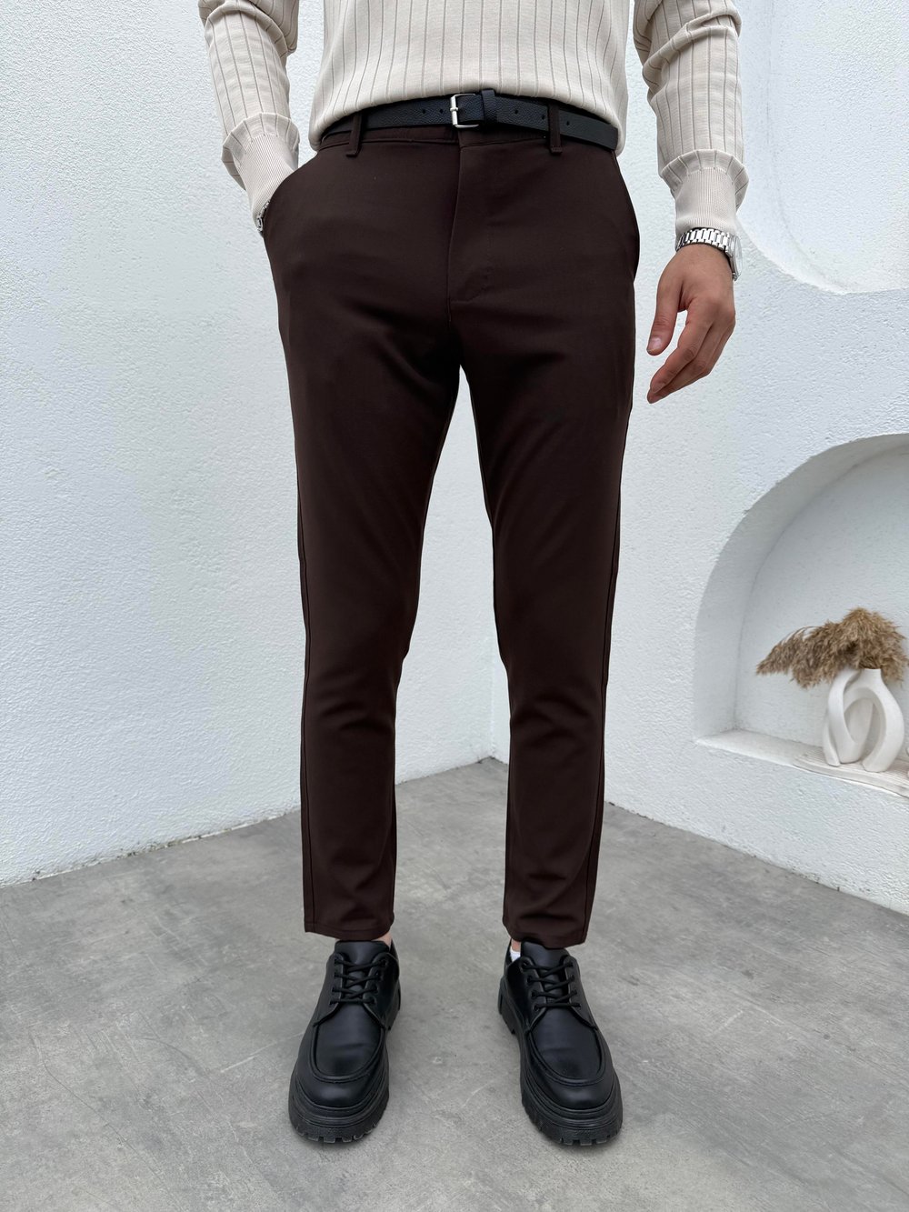 Slimfit Likralı Kumaş Pantolon Kahve