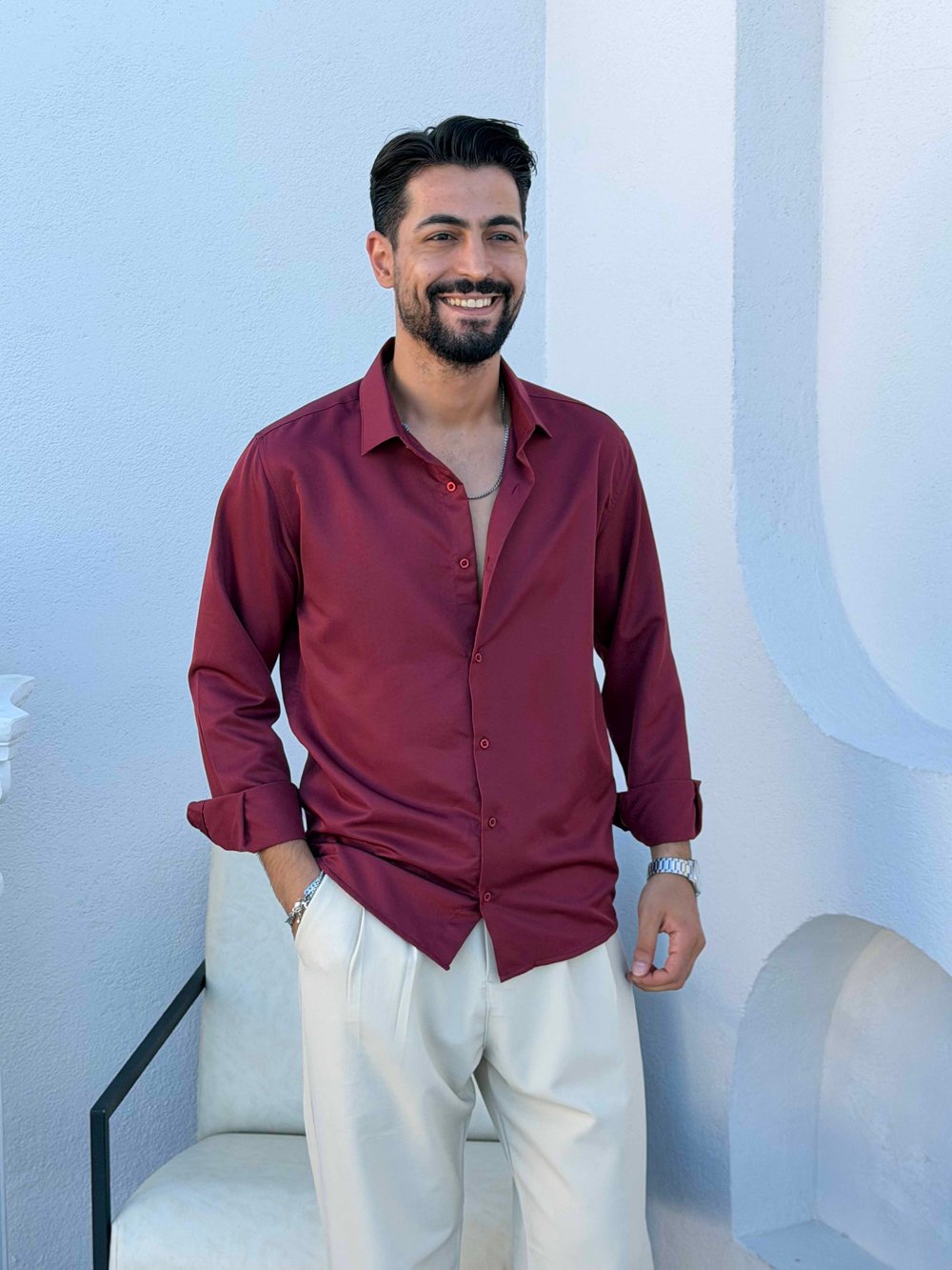 Slimfit Saten Gömlek Bordo