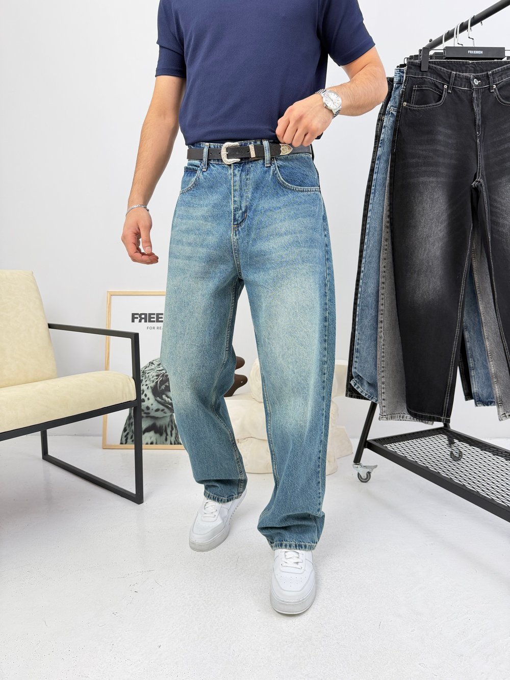 Süper Baggy Kot Pantolon Tintli Mavi