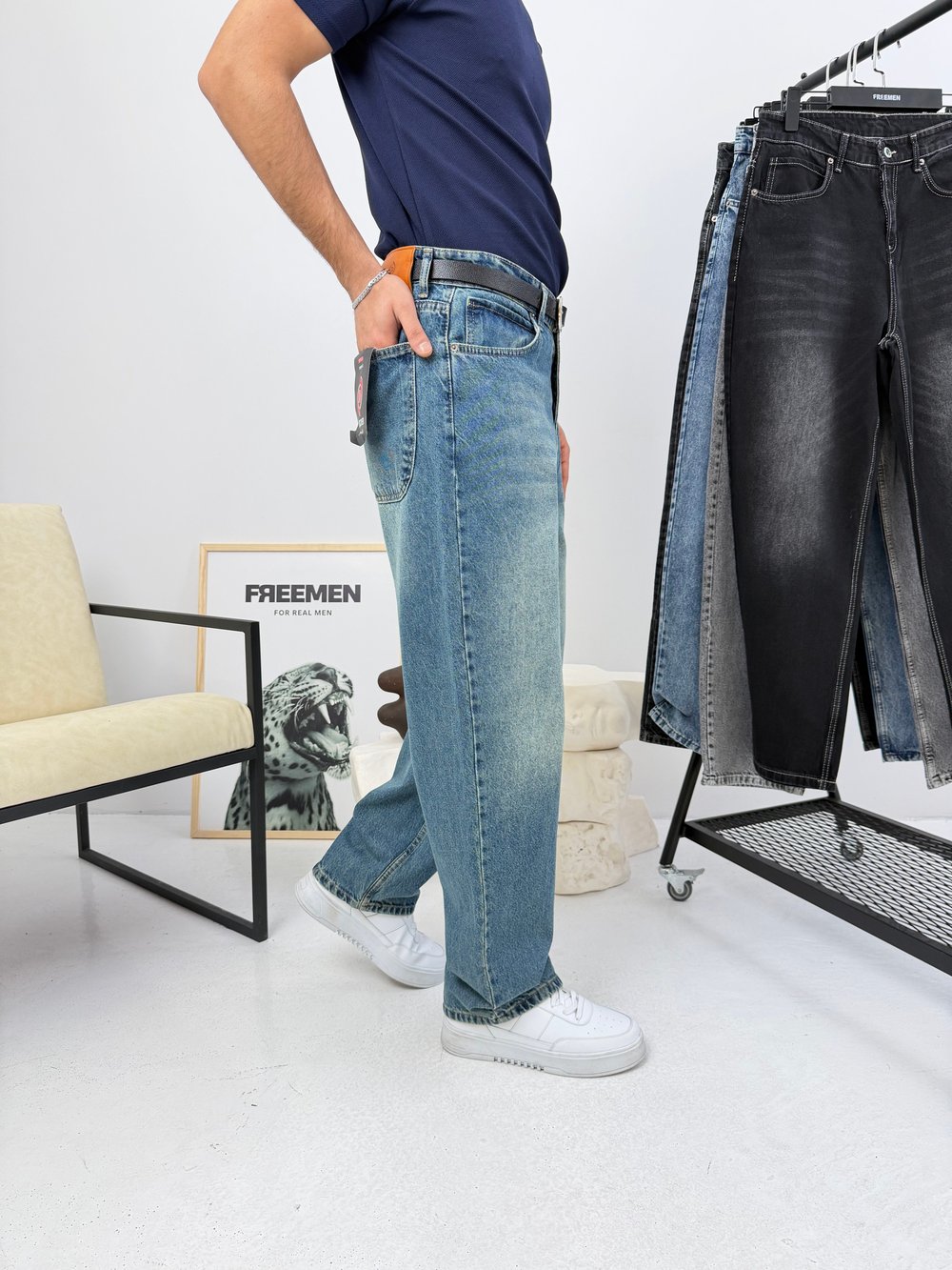 Süper Baggy Kot Pantolon Tintli Mavi