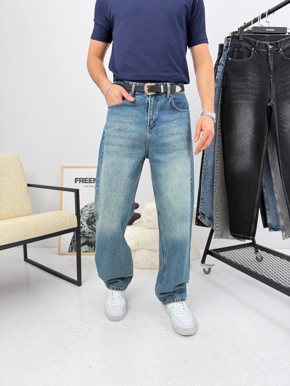 Süper Baggy Kot Pantolon Tintli Mavi