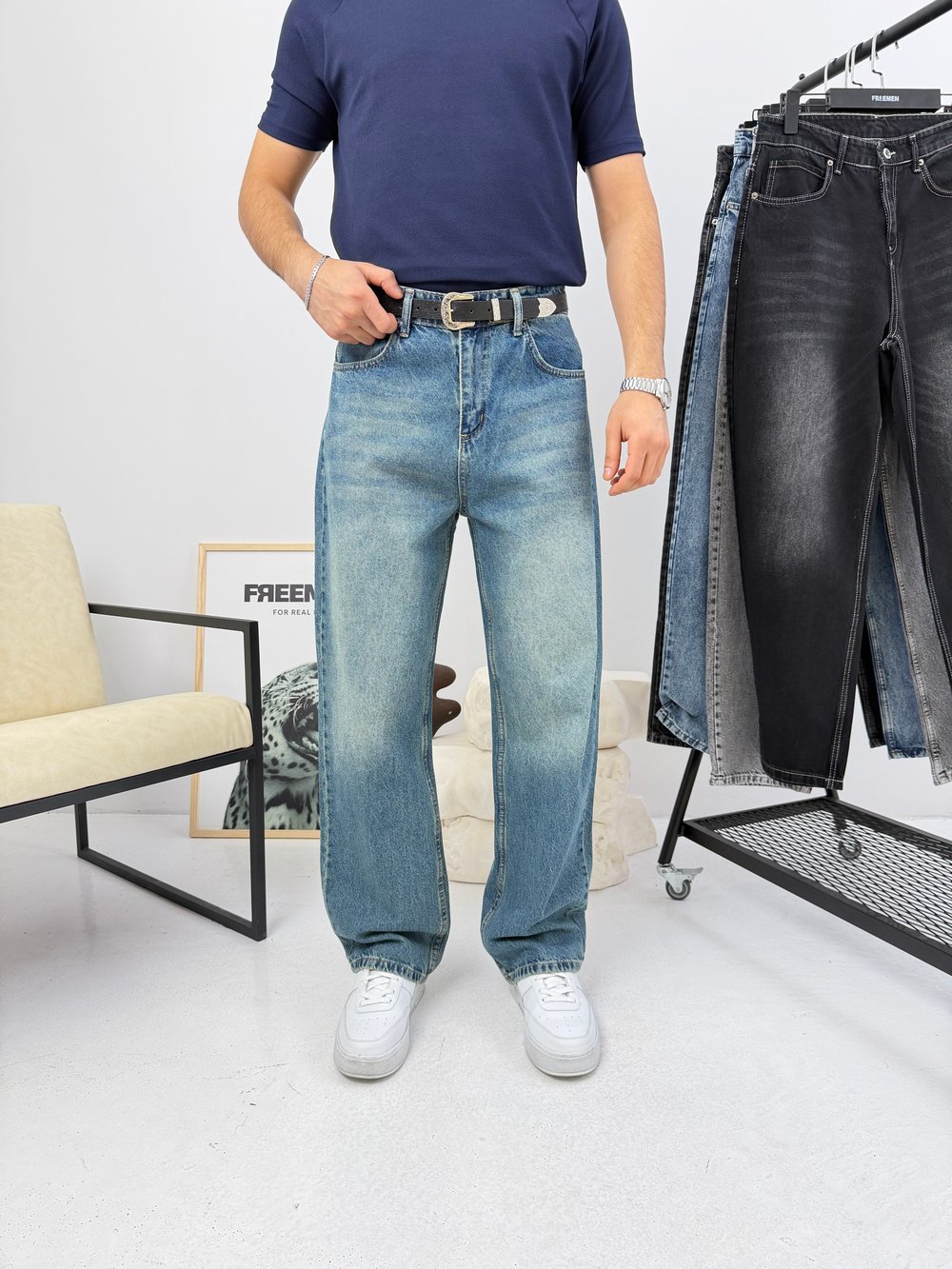 Süper Baggy Kot Pantolon Tintli Mavi