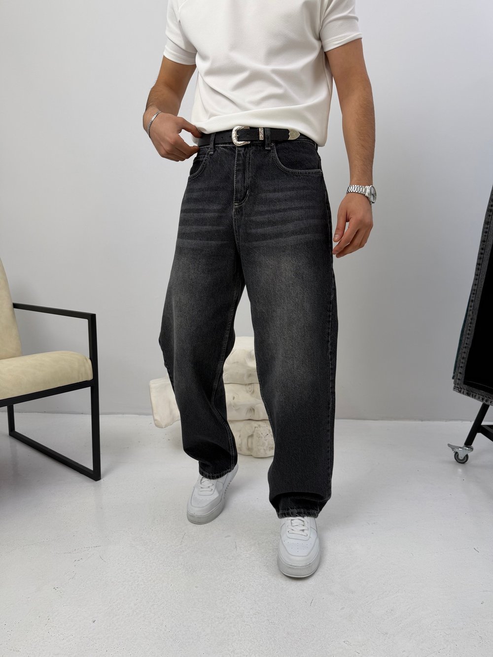 Süper Baggy Kot Pantolon Yıkamalı Siyah