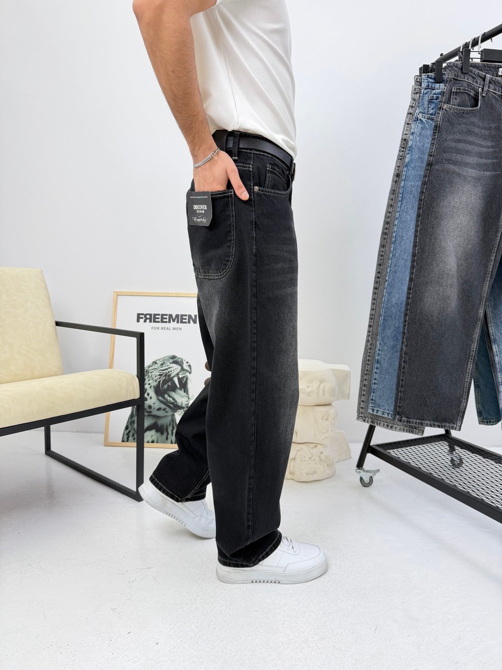 Süper Baggy Kot Pantolon Yıkamalı Siyah