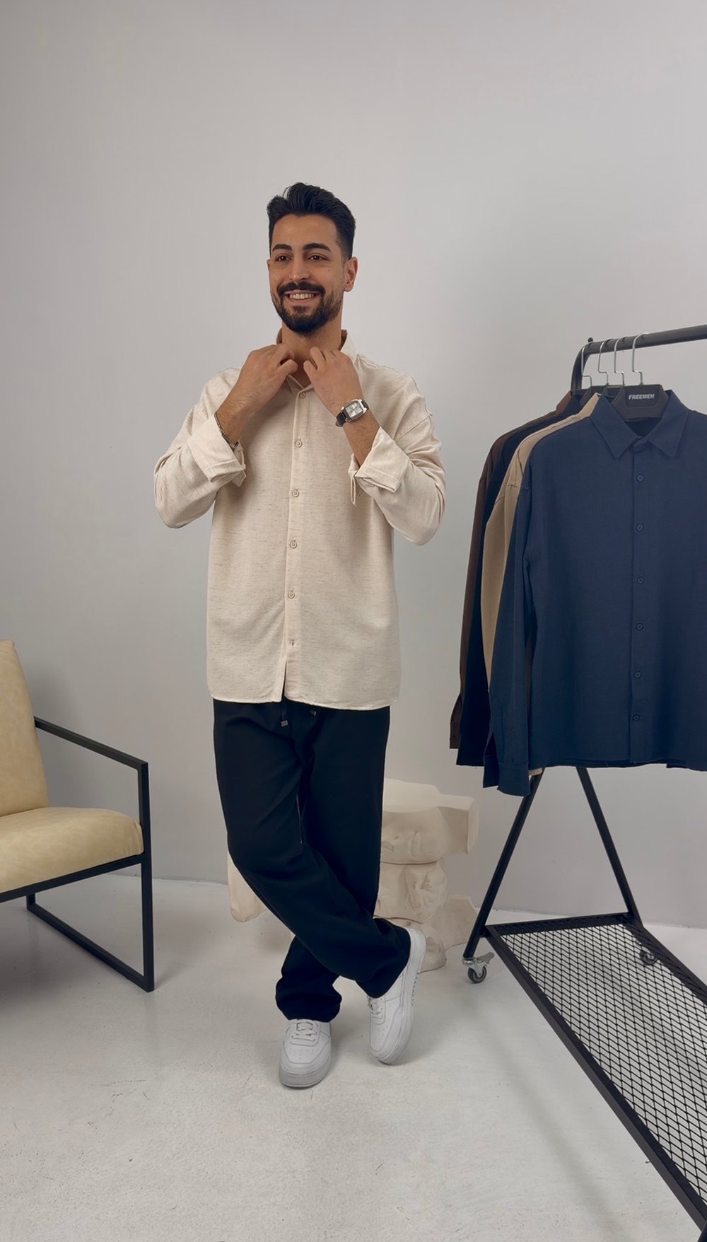 Premium Oversize Keten Takım Bej-Lacivert