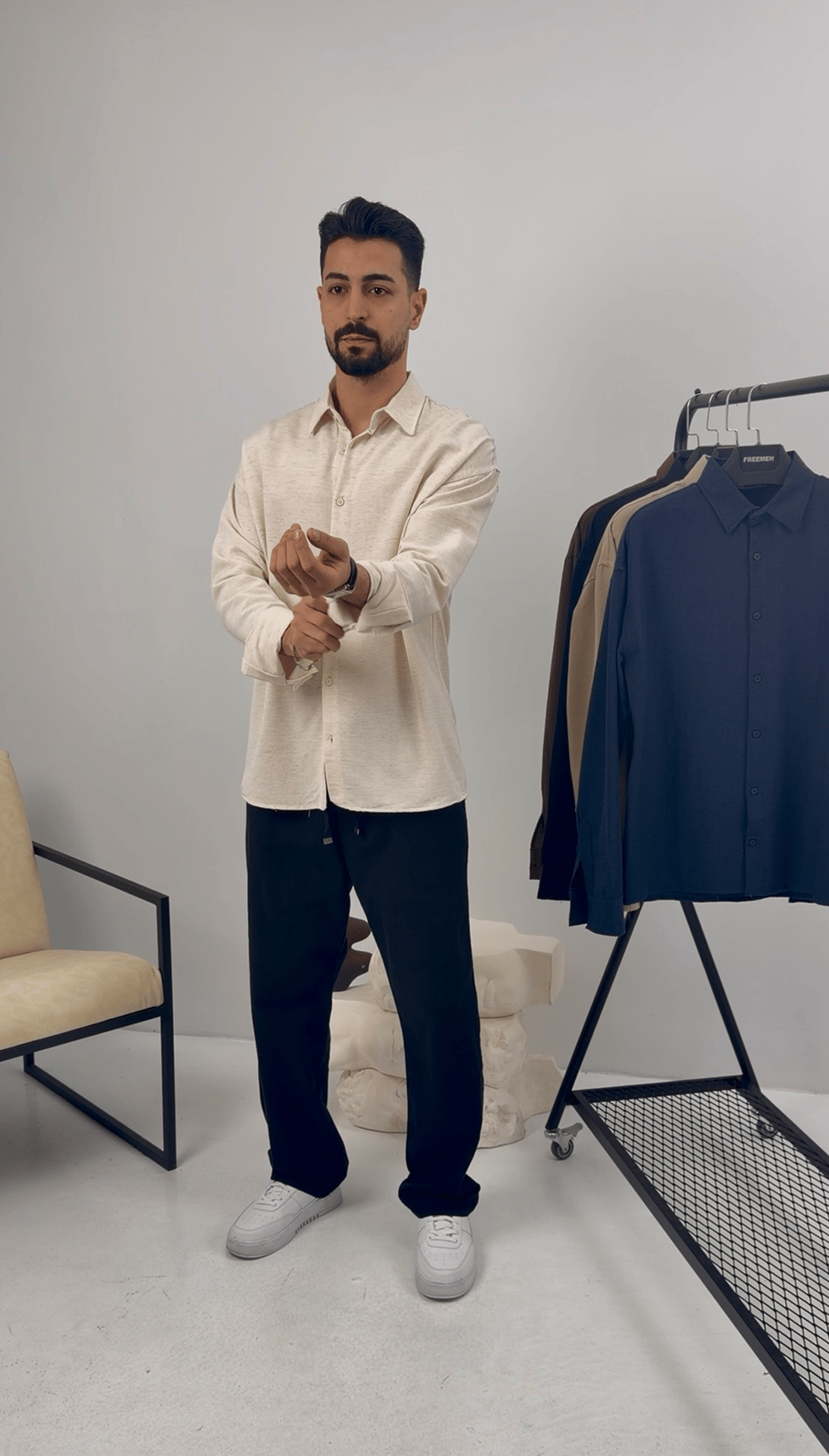 Premium Oversize Keten Takım Bej-Lacivert