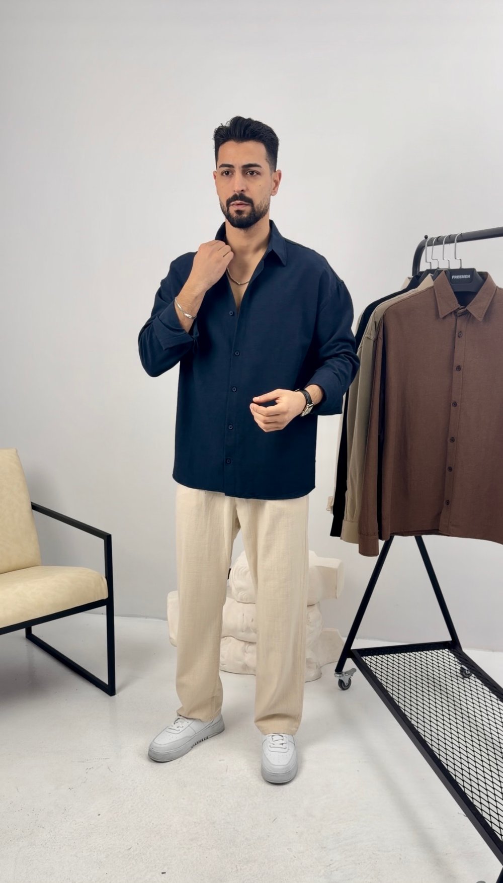 Premium Oversize Keten Takım Lacivert-Bej