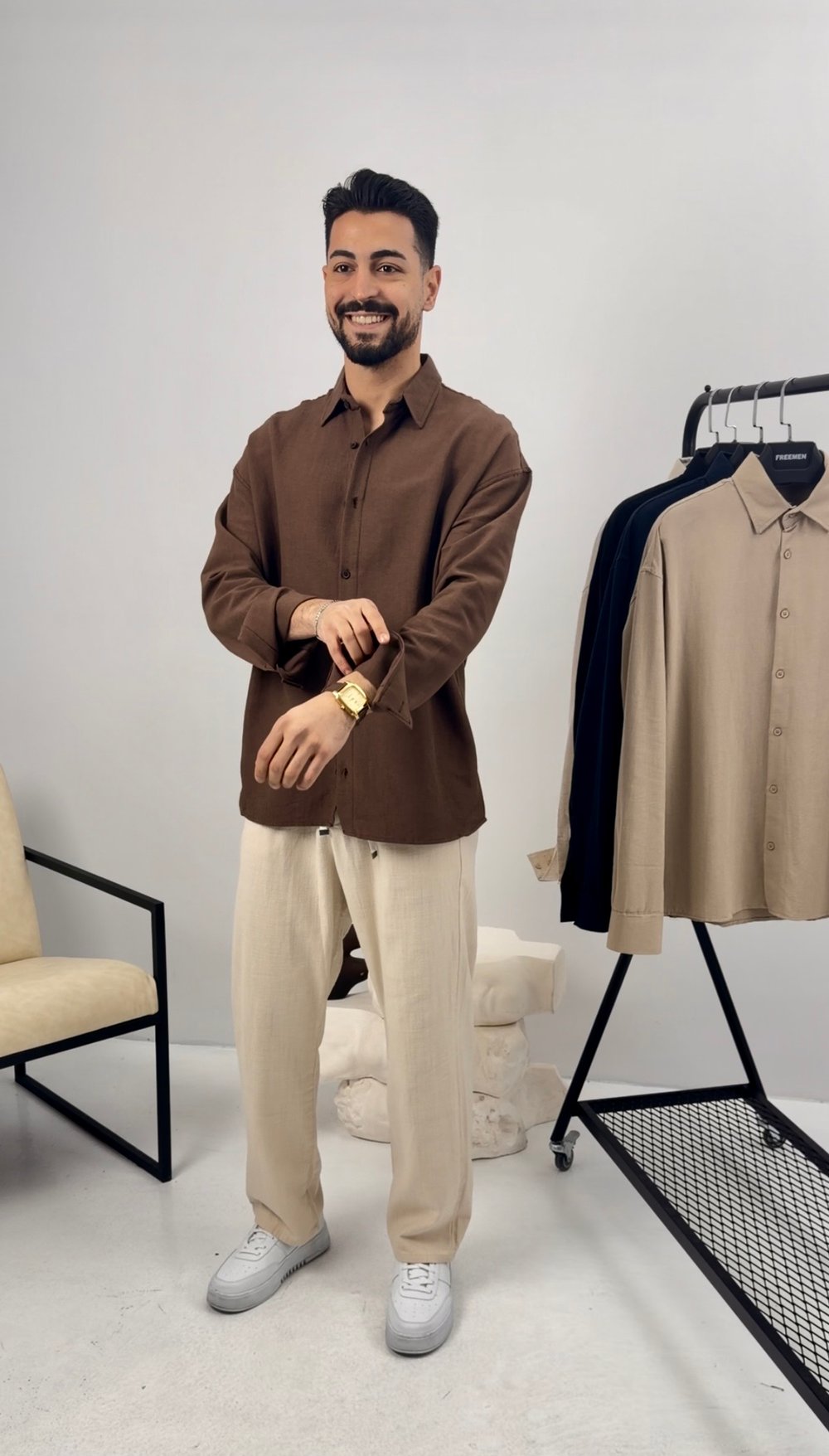 Premium Oversize Keten Takım Kahve-Bej