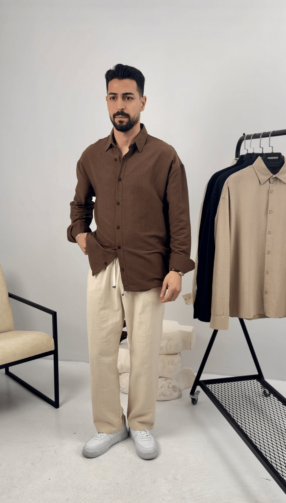 Premium Oversize Keten Takım Kahve-Bej