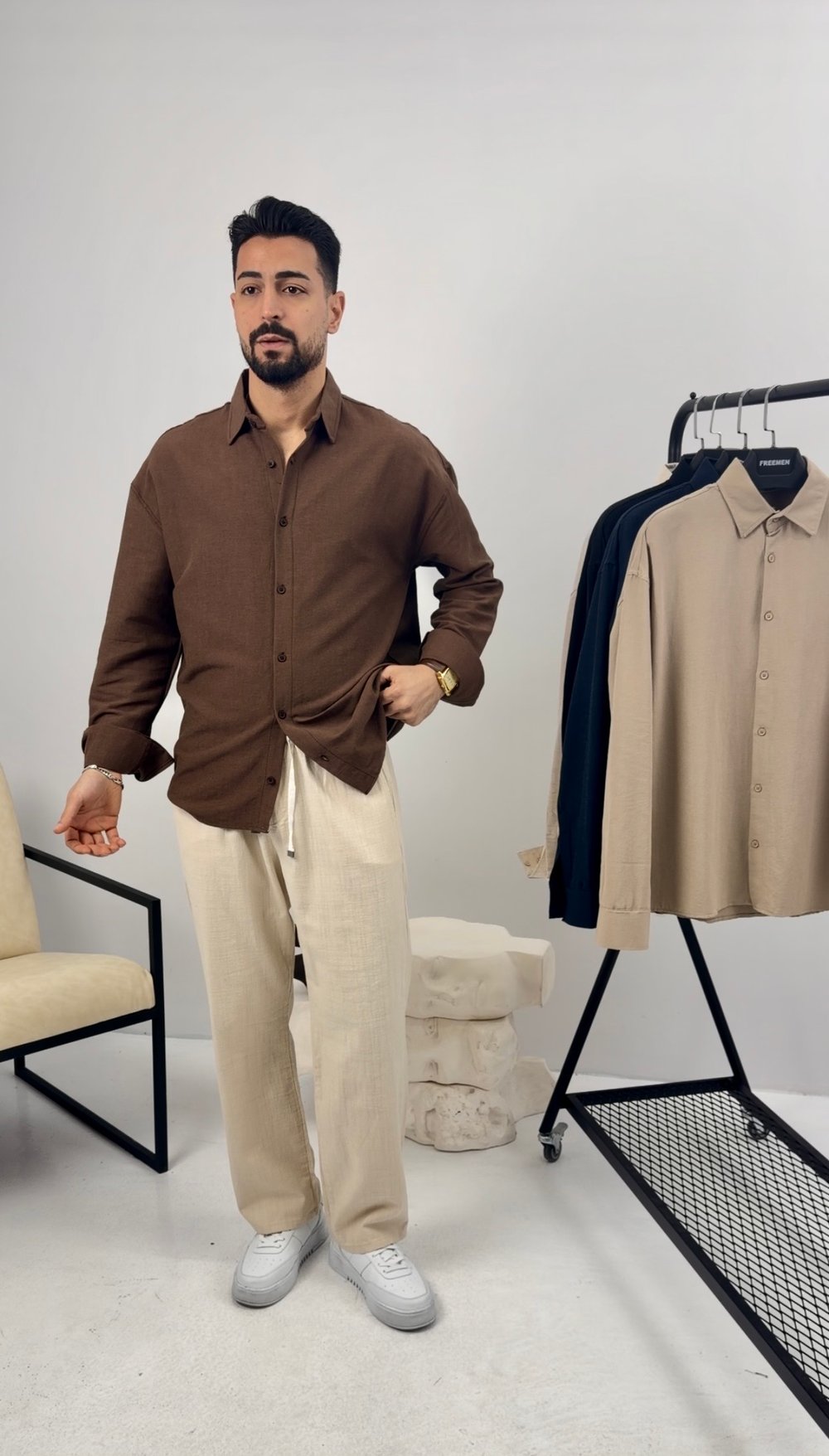 Premium Oversize Keten Takım Kahve-Bej
