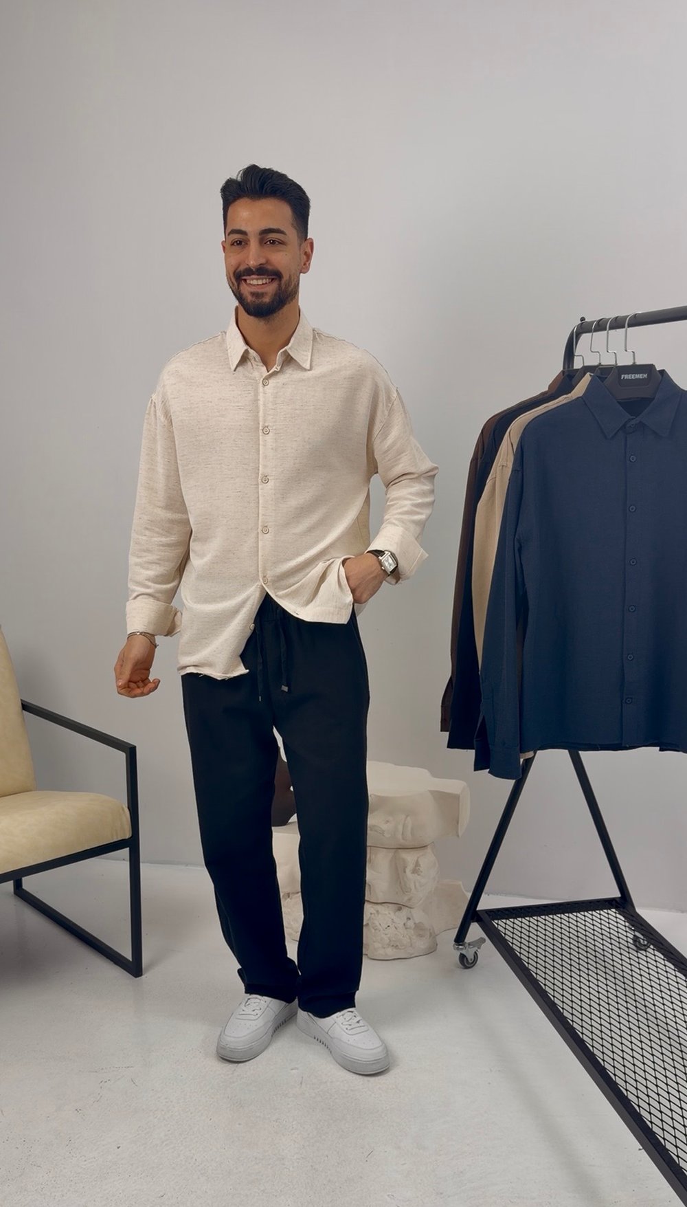 Premium Oversize Keten Takım Bej-Lacivert