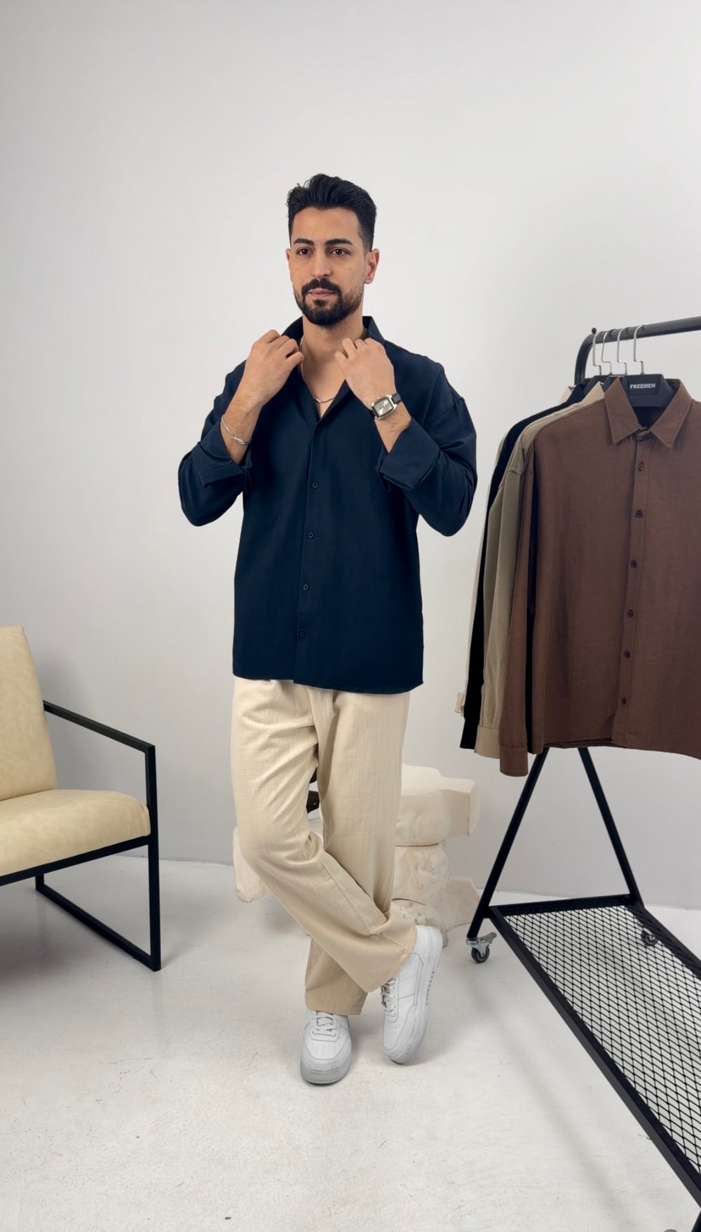 Premium Oversize Keten Takım Lacivert-Bej