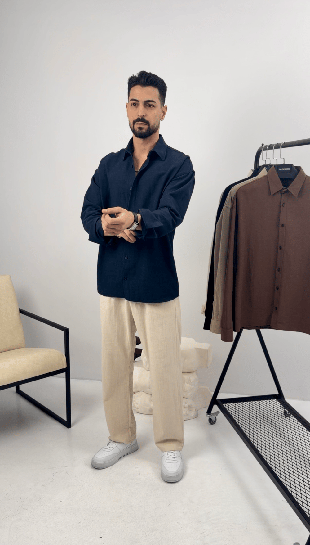 Premium Oversize Keten Takım Lacivert-Bej