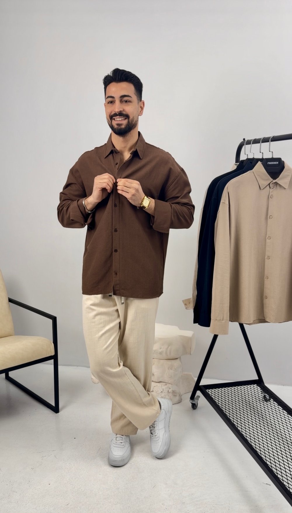Premium Oversize Keten Takım Kahve-Bej