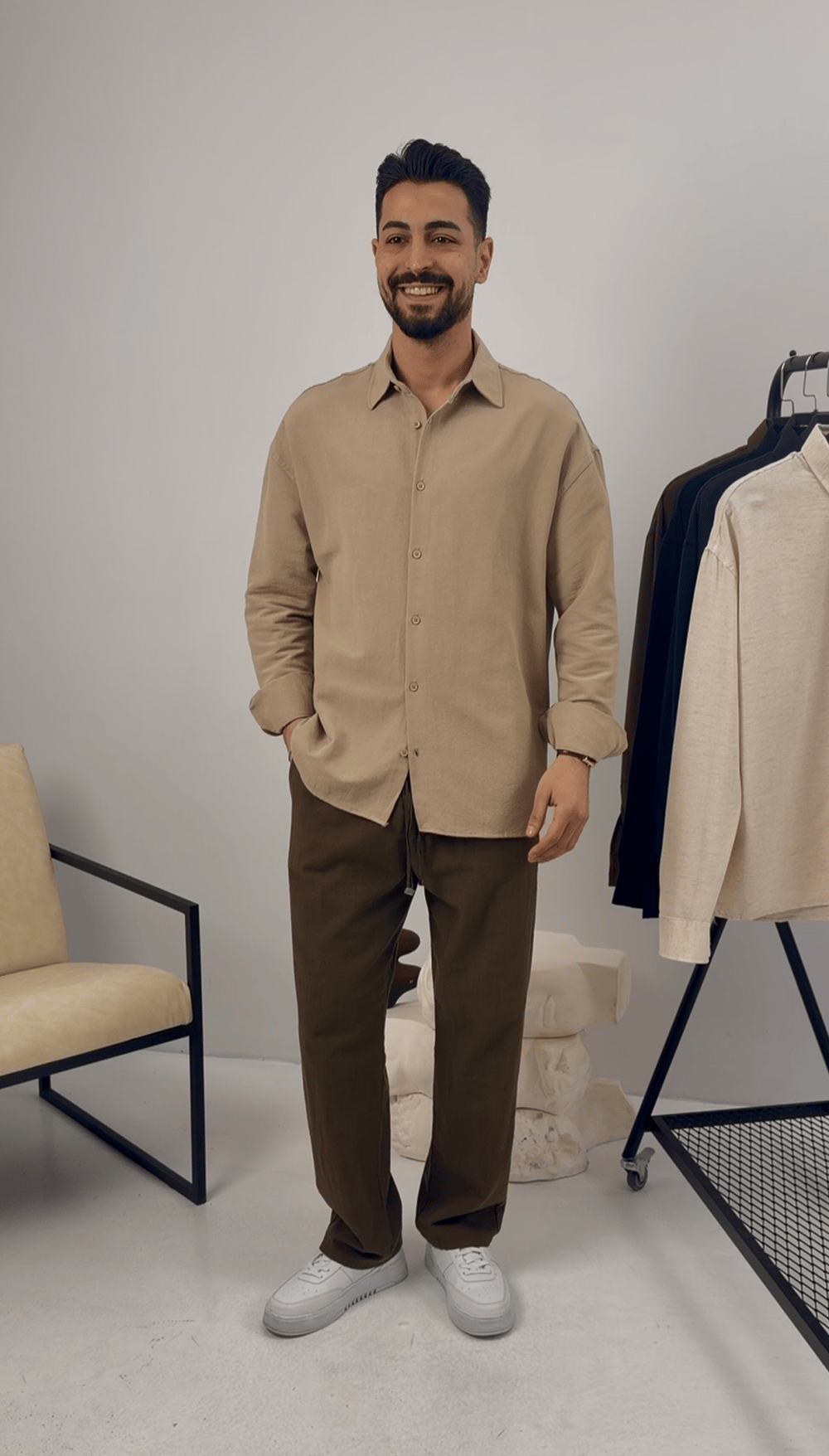 Premium Oversize Keten Takım Taş-Haki