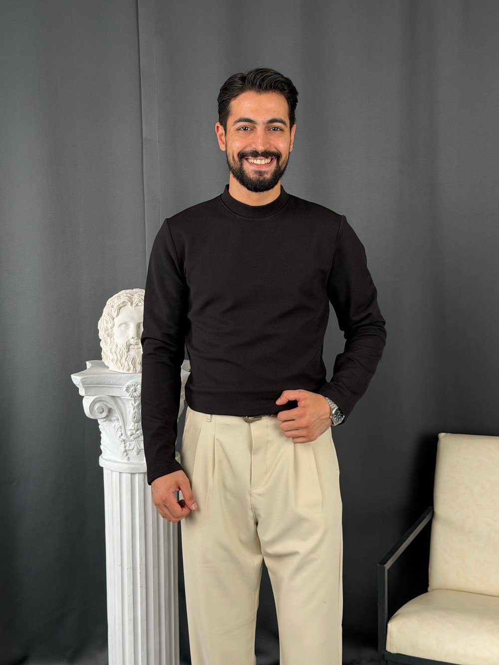 Yarım Balıkçı Örme Şardonlu Sweatshirt Siyah