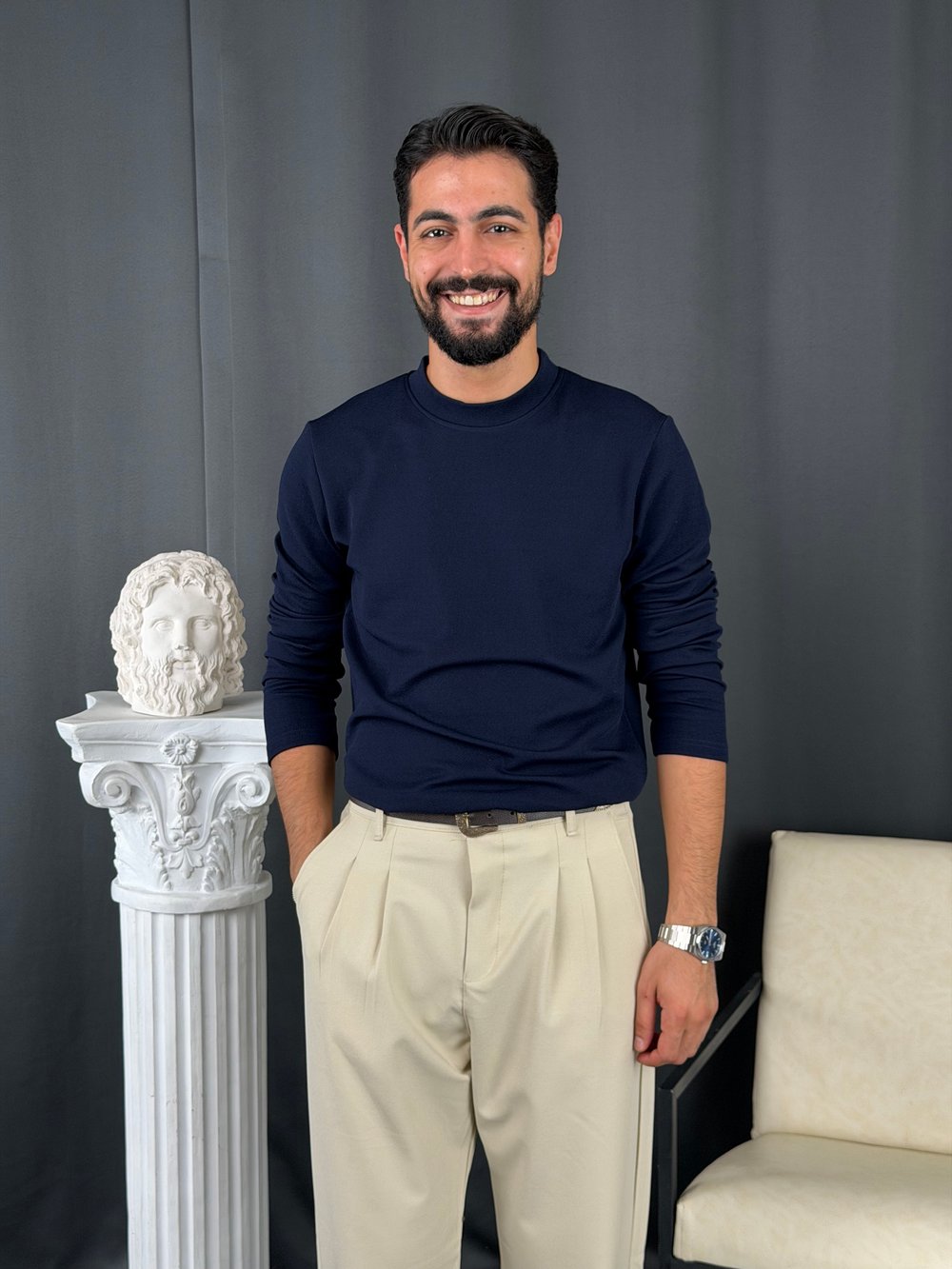Yarım Balıkçı Örme Şardonlu Sweatshirt Lacivert