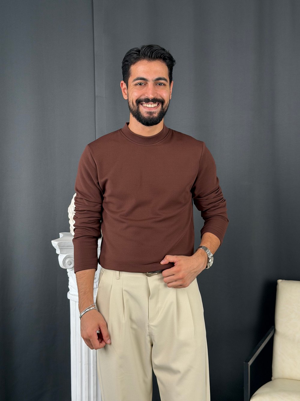 Yarım Balıkçı Örme Şardonlu Sweatshirt Kahve