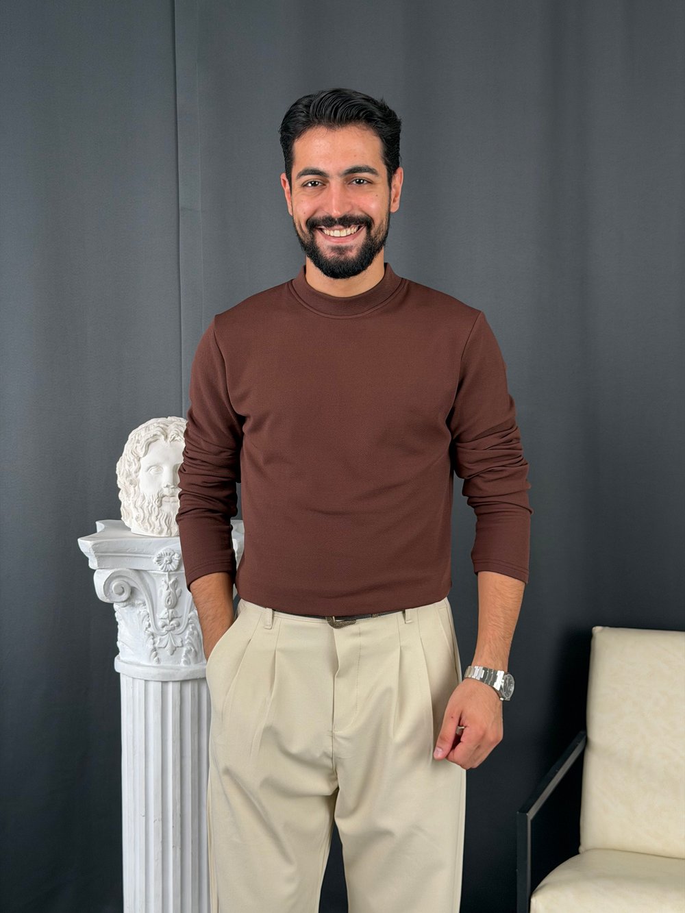 Yarım Balıkçı Örme Şardonlu Sweatshirt Kahve