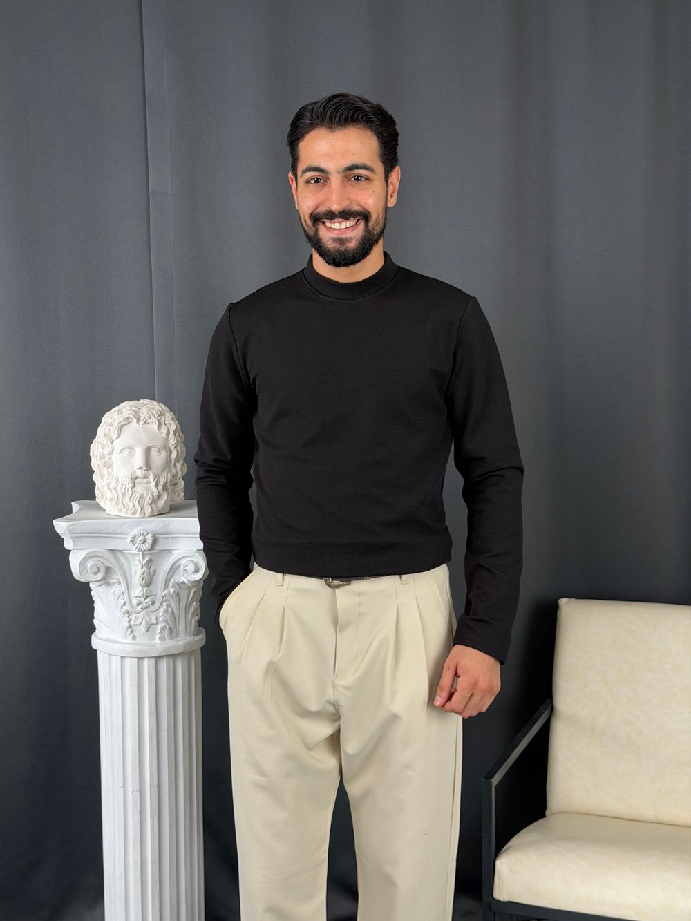 Yarım Balıkçı Örme Şardonlu Sweatshirt Siyah