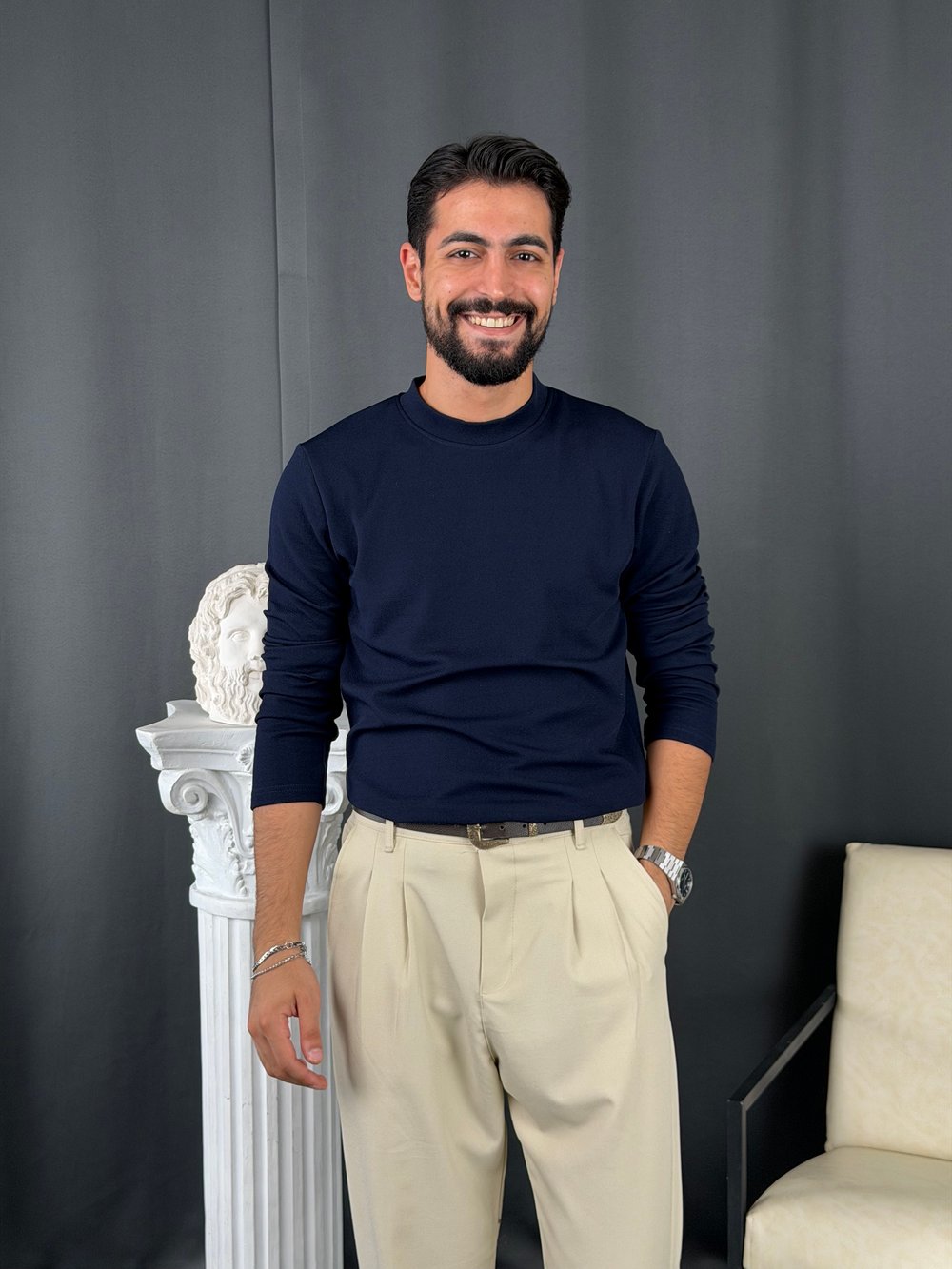 Yarım Balıkçı Örme Şardonlu Sweatshirt Lacivert
