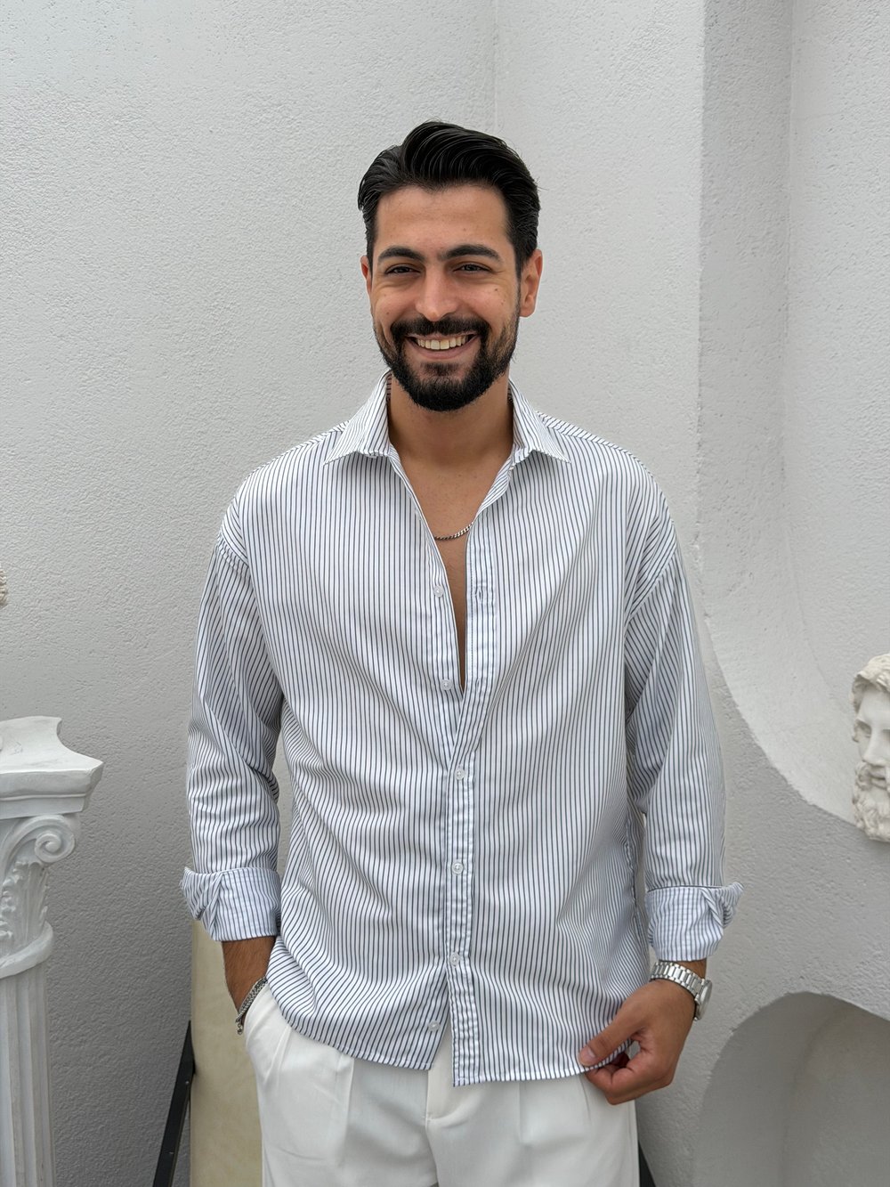 Yarım Oversize Çizgili Gömlek Buz Mavi