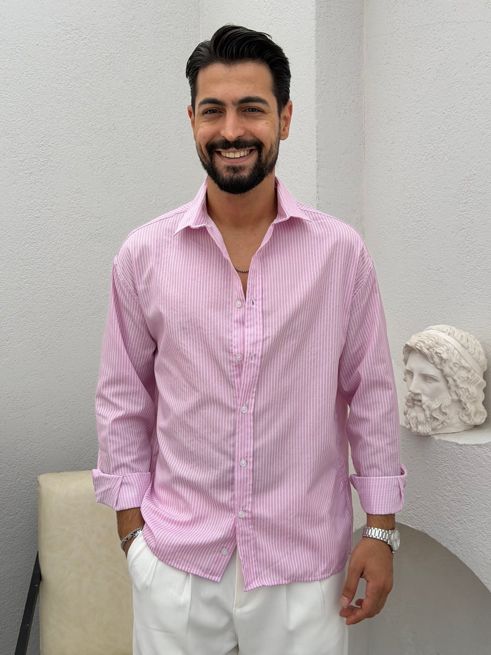 Yarım Oversize Çizgili Gömlek Pembe