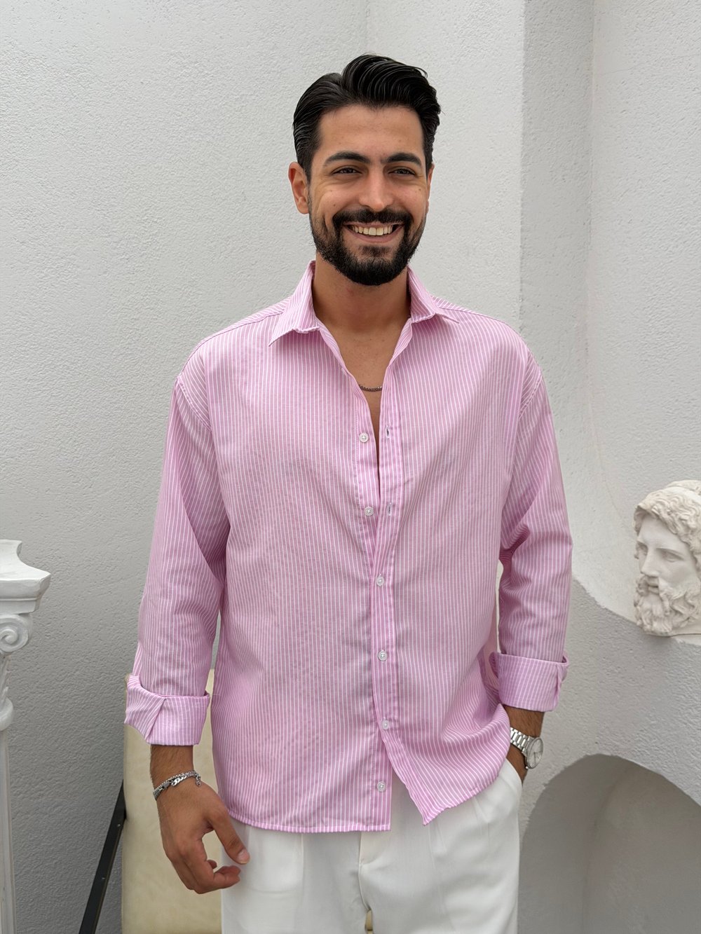Yarım Oversize Çizgili Gömlek Pembe