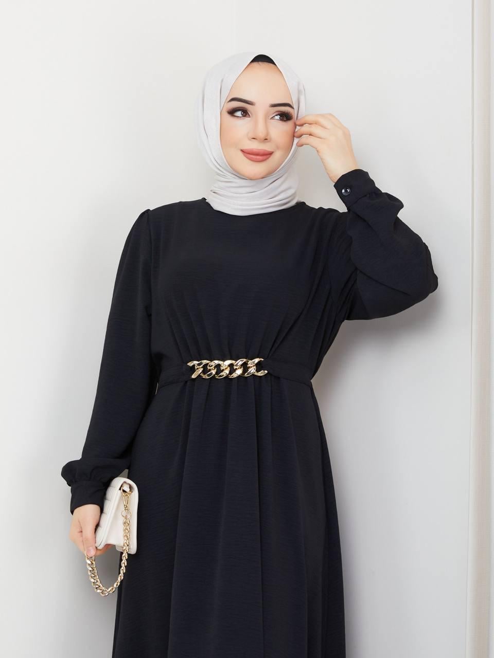 AKİKA ZİNCİR DETAY AYROBİN ELBİSE SİYAH