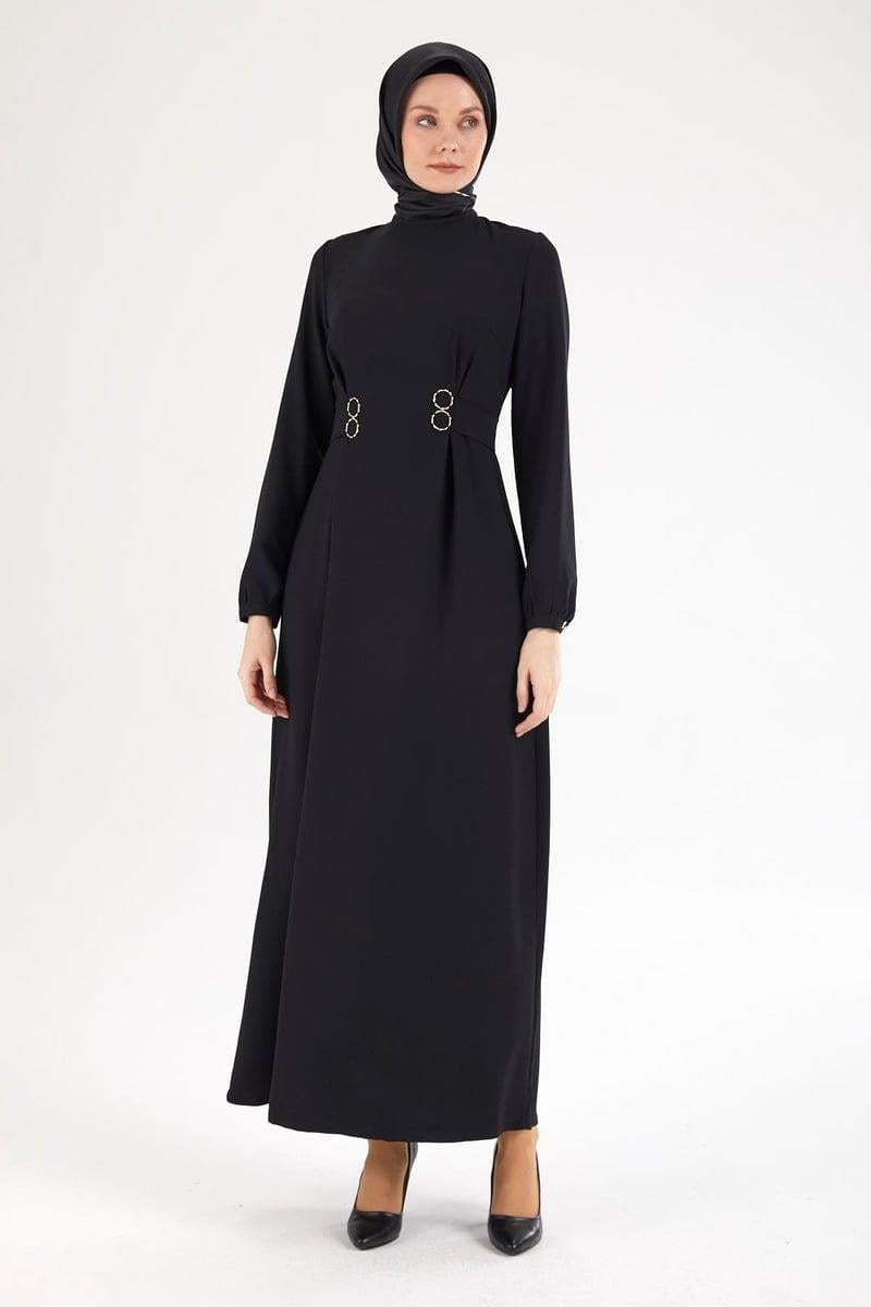 ARMİNE TREND Belden Halka Desenli Elbise-Siyah 25YT926