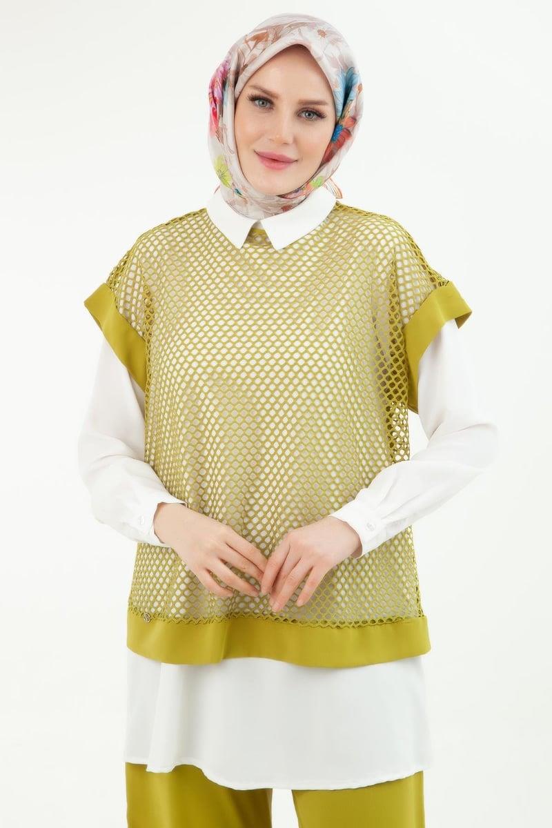 ARMİNE TREND Beli Lastikli Pantolonlu Basic Gömlekli Fileli Üçlü Takım Yağ Yeşili 24YT633