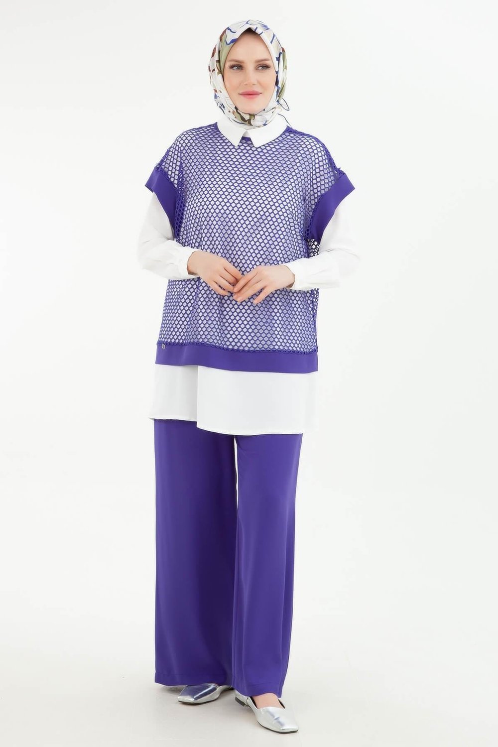 ARMİNE TREND Beli Lastikli Pantolonlu Basic Gömlekli Fileli Üçlü Takım Leylak 24YT633