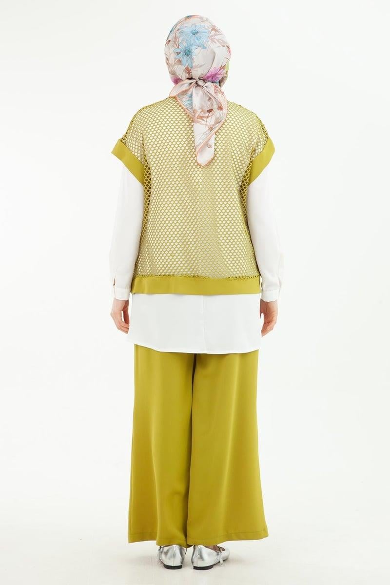 ARMİNE TREND Beli Lastikli Pantolonlu Basic Gömlekli Fileli Üçlü Takım Yağ Yeşili 24YT633