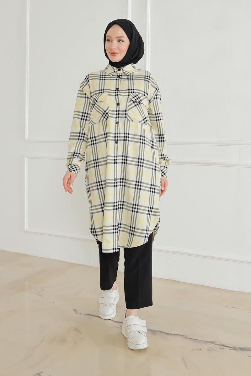 ARMİNE TREND Gömlek Yaka Çıtçıtlı Tunik-Ekose 24KT415