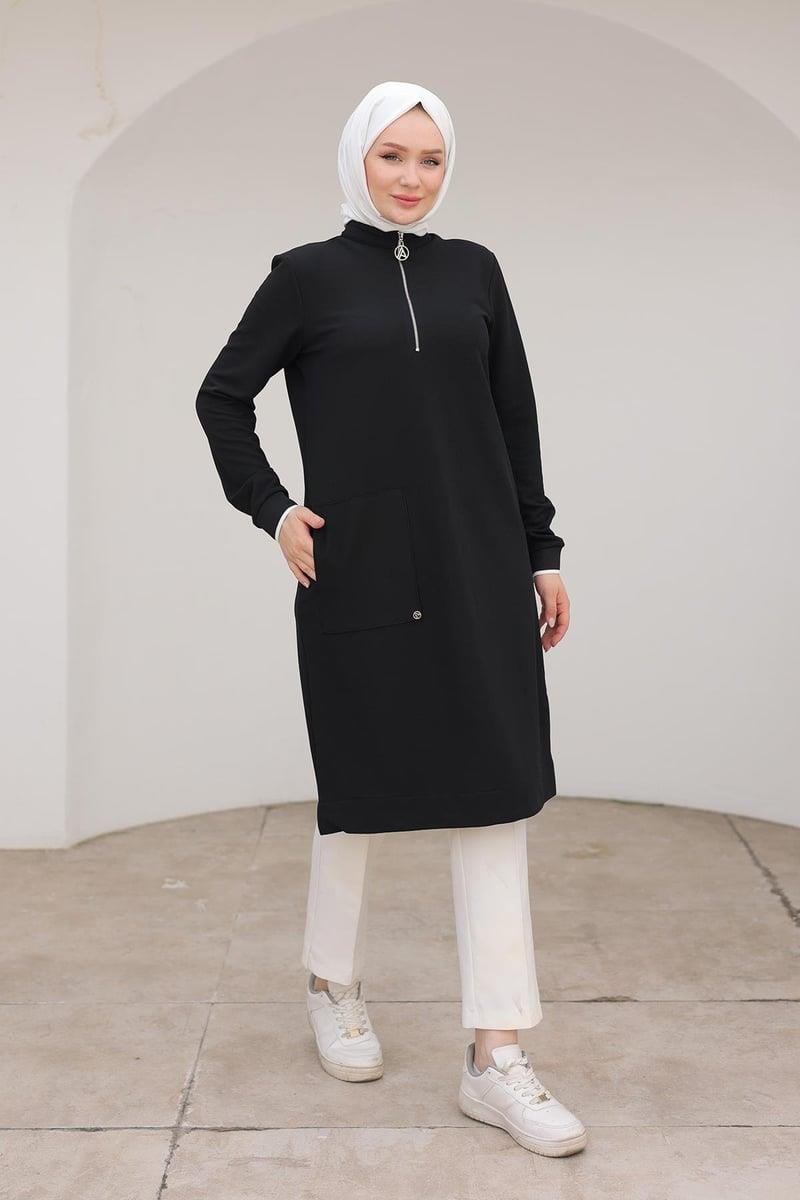 ARMİNE TREND Kolları Ribanalı Yarım Fermuarlı Tunik Siyah 24KT453