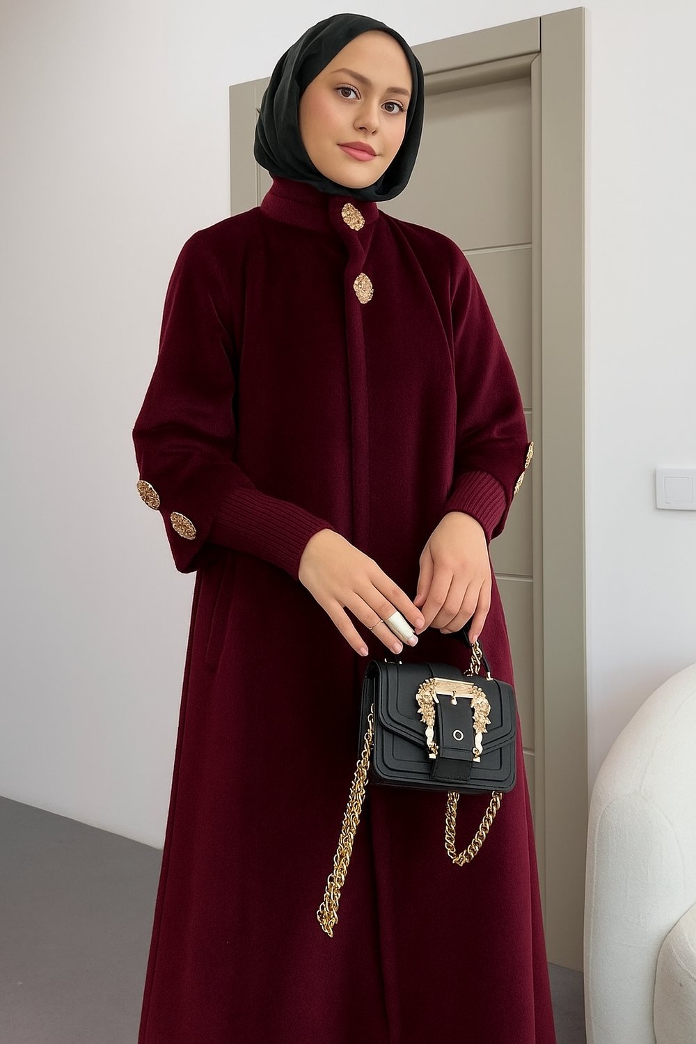 Gold Düğme Detaylı Premium Angora Kaban - Bordo