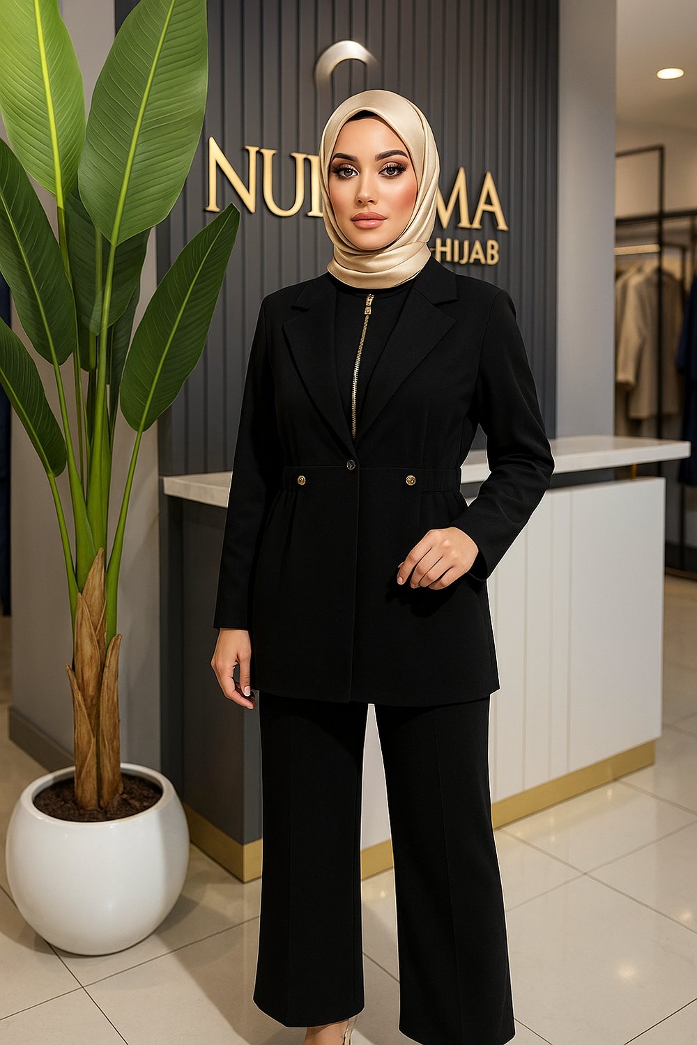 Nure Oysh Kumaş Beli Lastikli Kapüşonlu Pantolonlu Takım Siyah