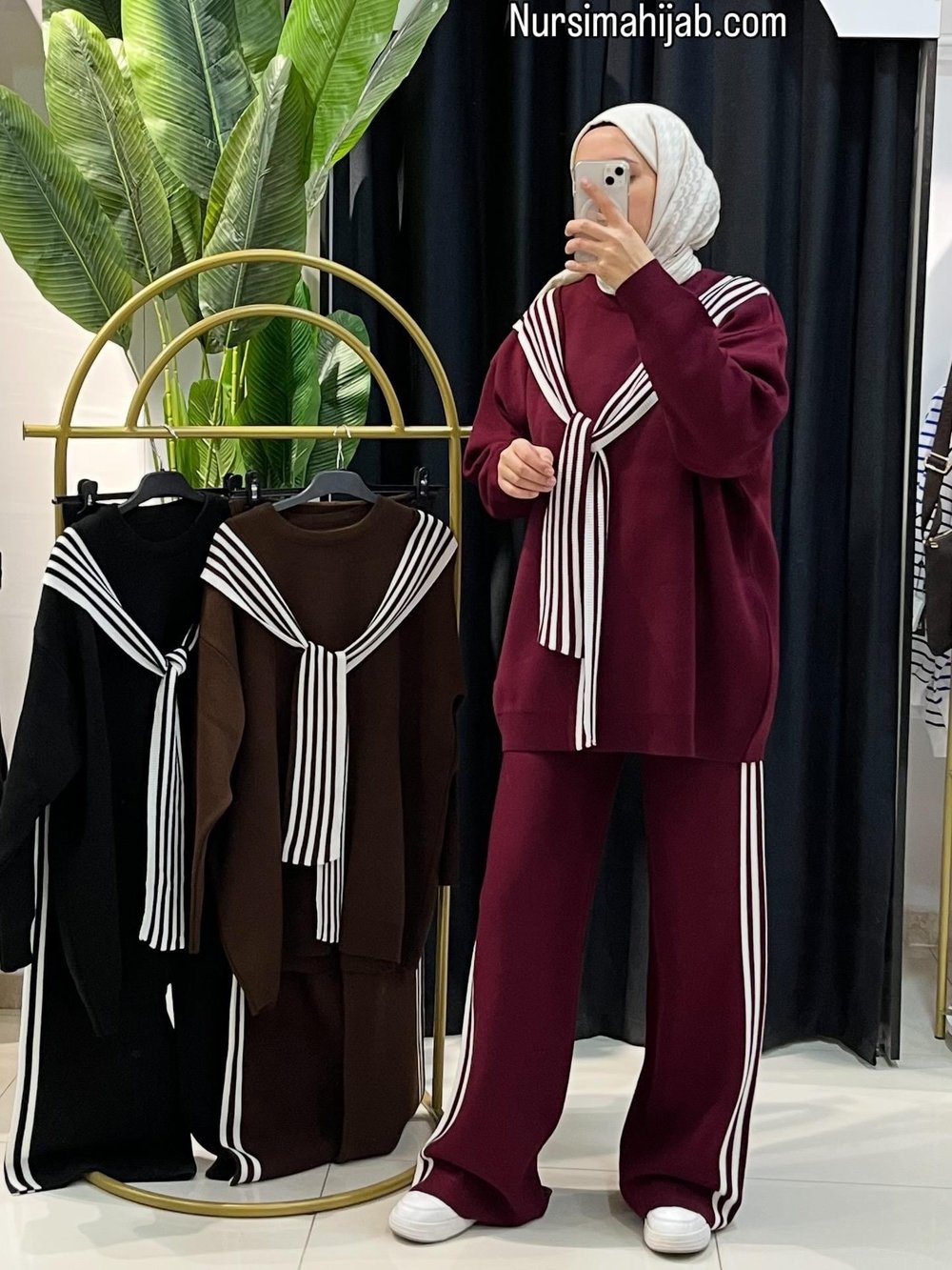 NURLine Çizgi Detaylı Triko Takım - Bordo