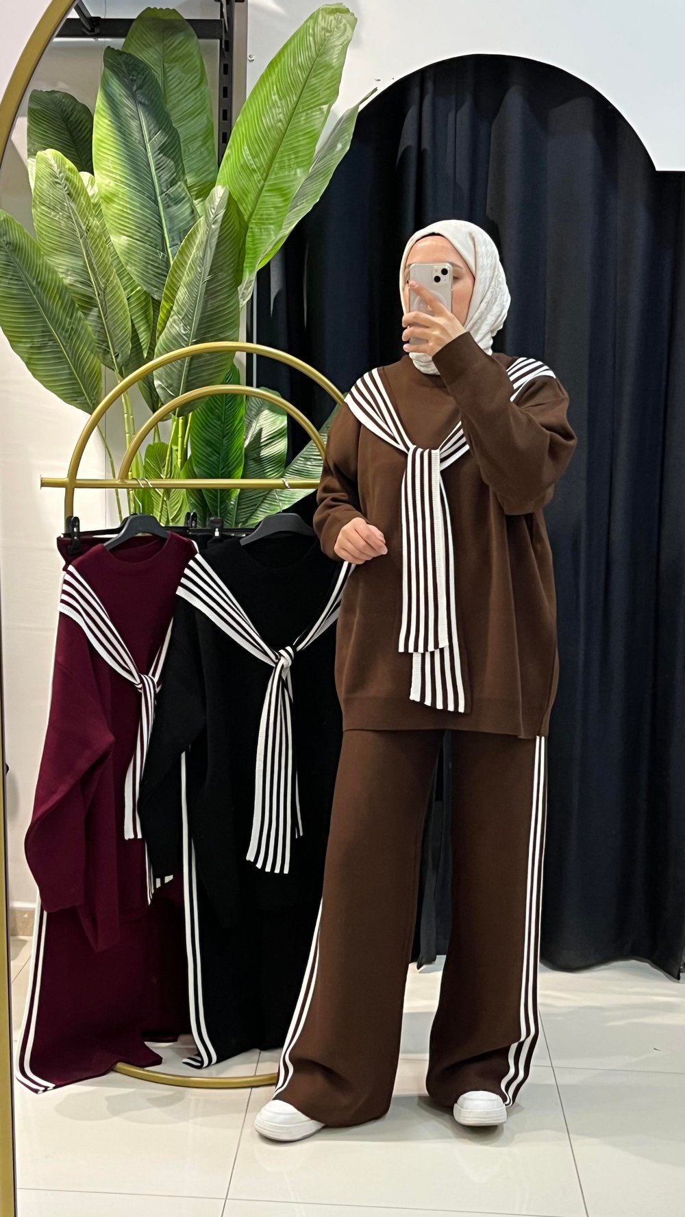 NURLine Çizgi Detaylı Triko Takım - Kahverengi