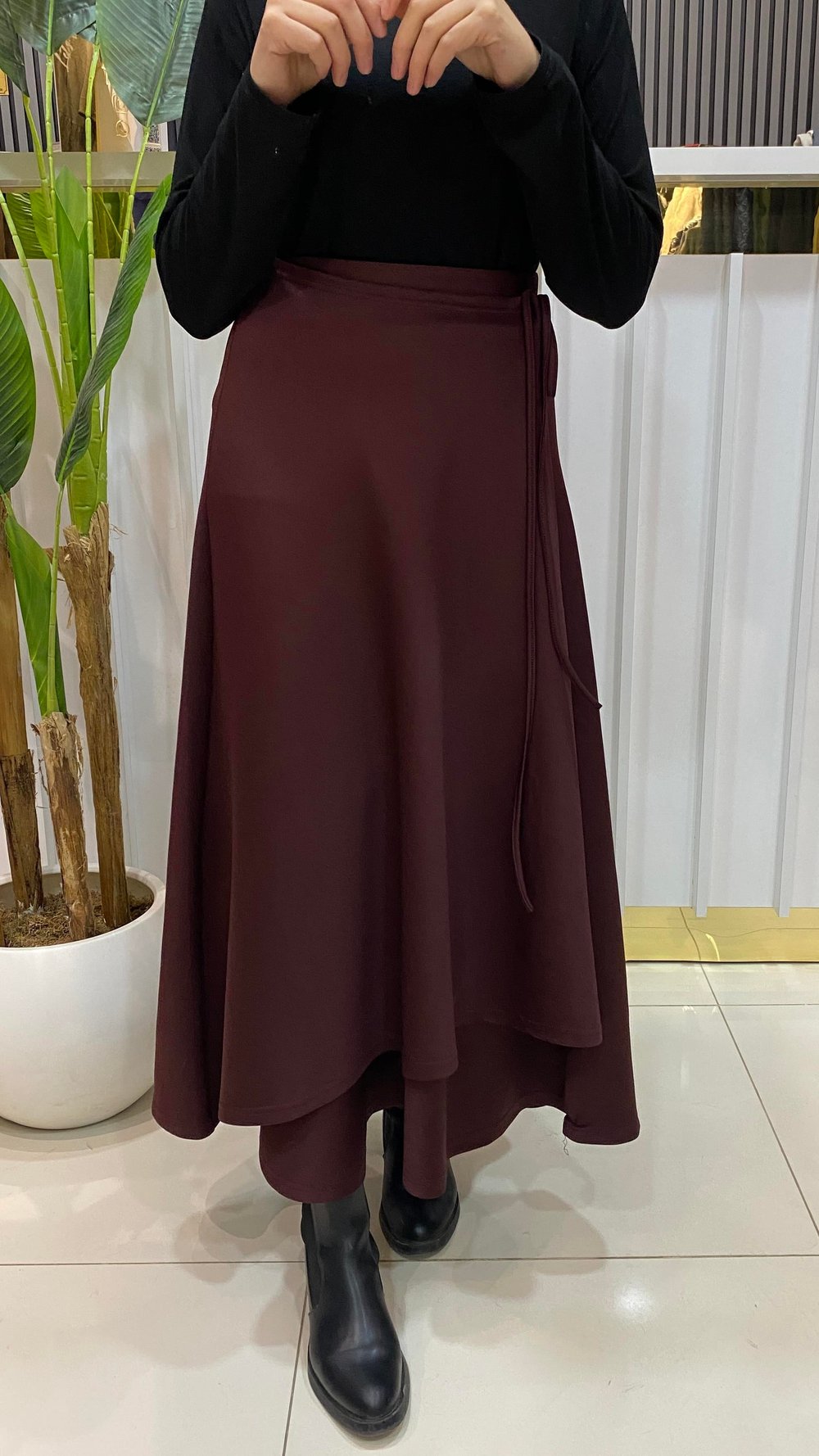 NURMELLA Beli Bağlamalı Scuba Etek / Bordo