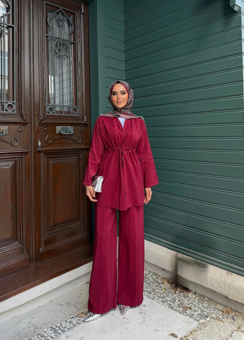 Yaren Işıltılı Pantolonlu Takım - BORDO