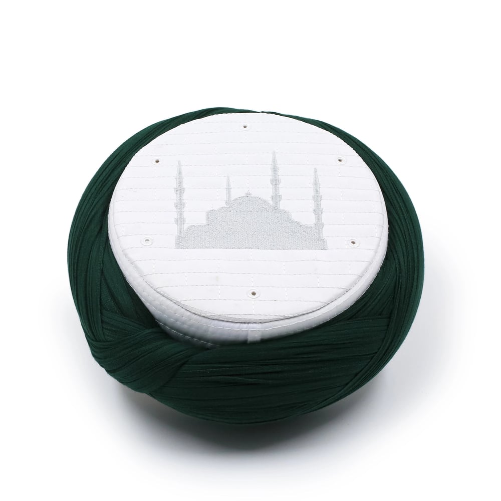 Cami Sarığı - Yeşil Kumaş - Beyaz Takke - Çapraz Sarım - Cami Nakışlı - 7 metre
