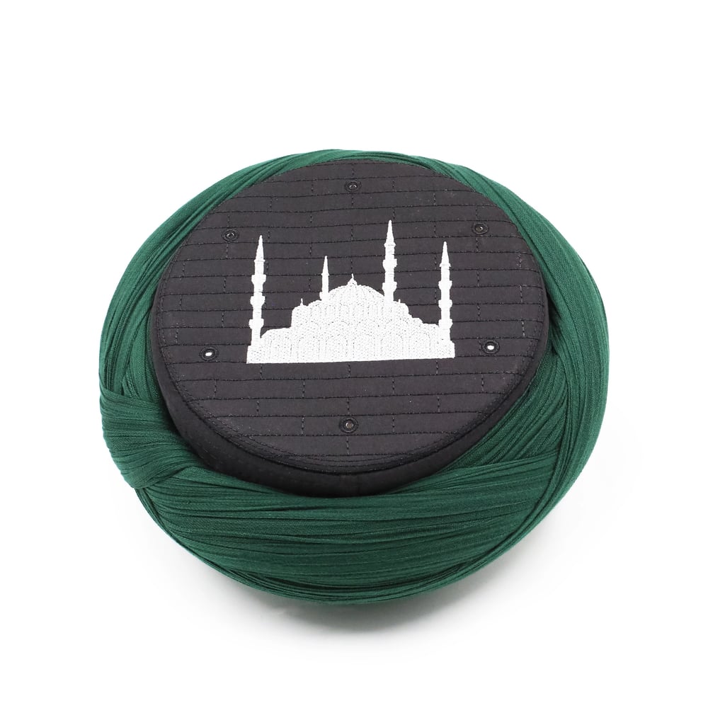 Cami Sarığı - Yeşil Kumaş - Siyah Takke - Çapraz Sarım - Cami Nakışlı - 7 metre