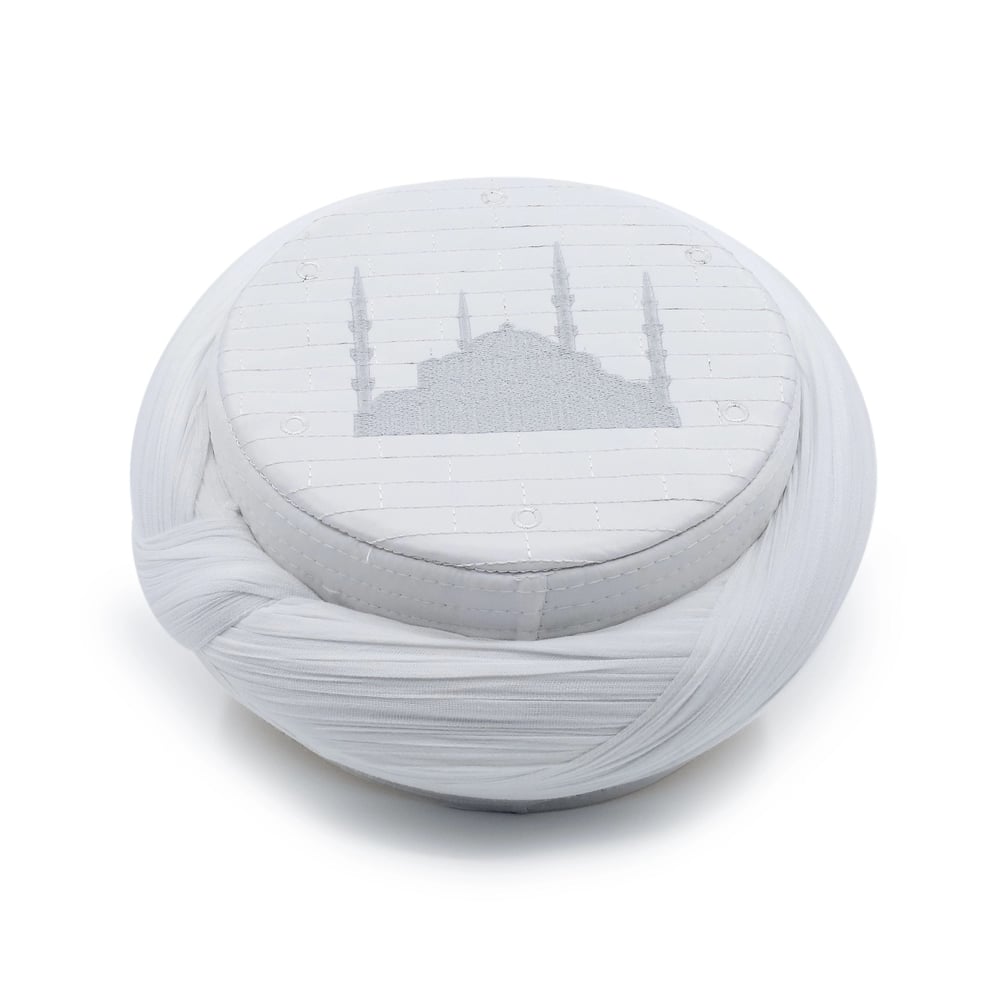 Cami Sarığı – Beyaz Kumaş – Beyaz Takke – Çapraz Sarım – Cami Nakışlı – 7 Metre