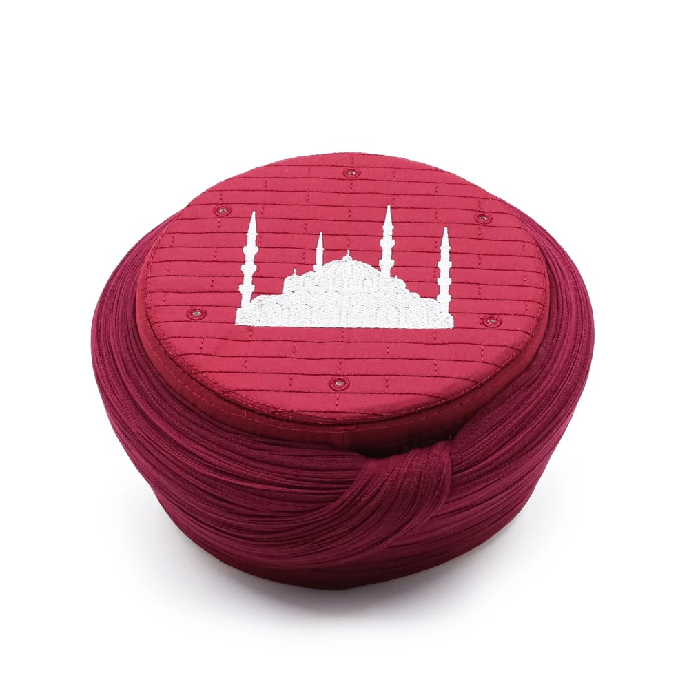 Cami Sarığı – Bordo Kumaş – Bordo Takke – Düz Sarım – Cami Nakışlı – 7 Metre