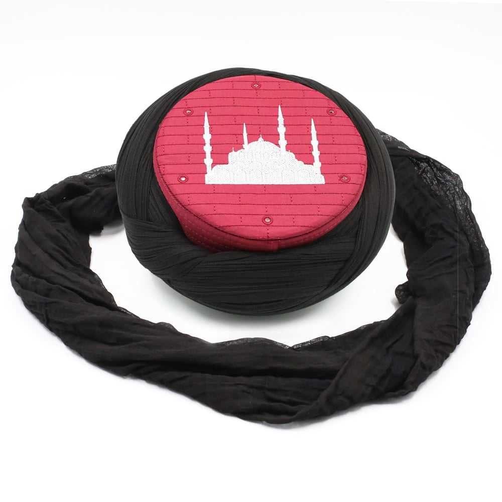 Cami Sarığı – Siyah Kumaş – Bordo Takke – Çapraz Sarım – Cami Nakışlı – 7 Metre – Taylasanlı
