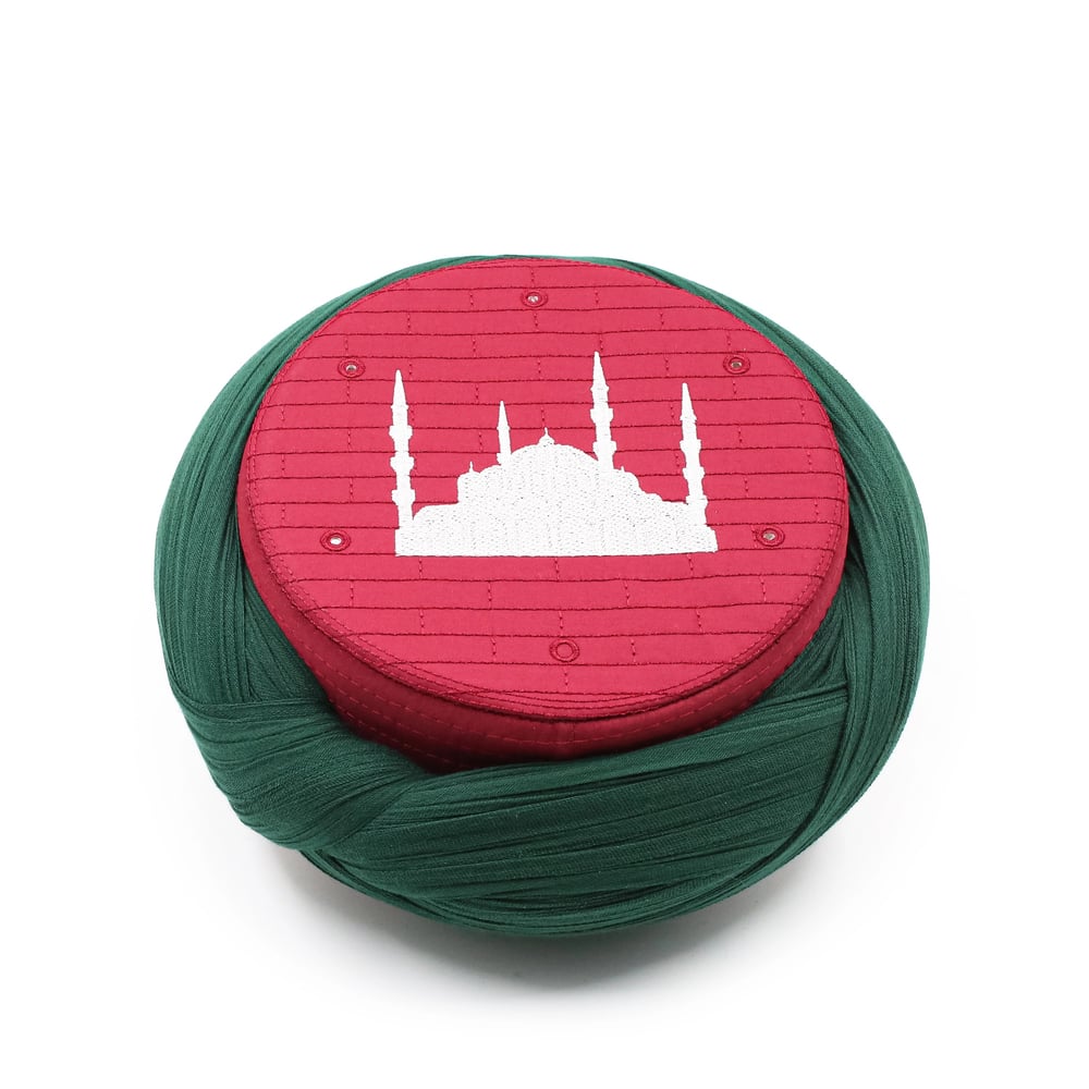 Çocuk  Cami Sarığı - Yeşil Kumaş - Bordo Takke - Çapraz Sarım - Cami Nakışlı - 7 metre